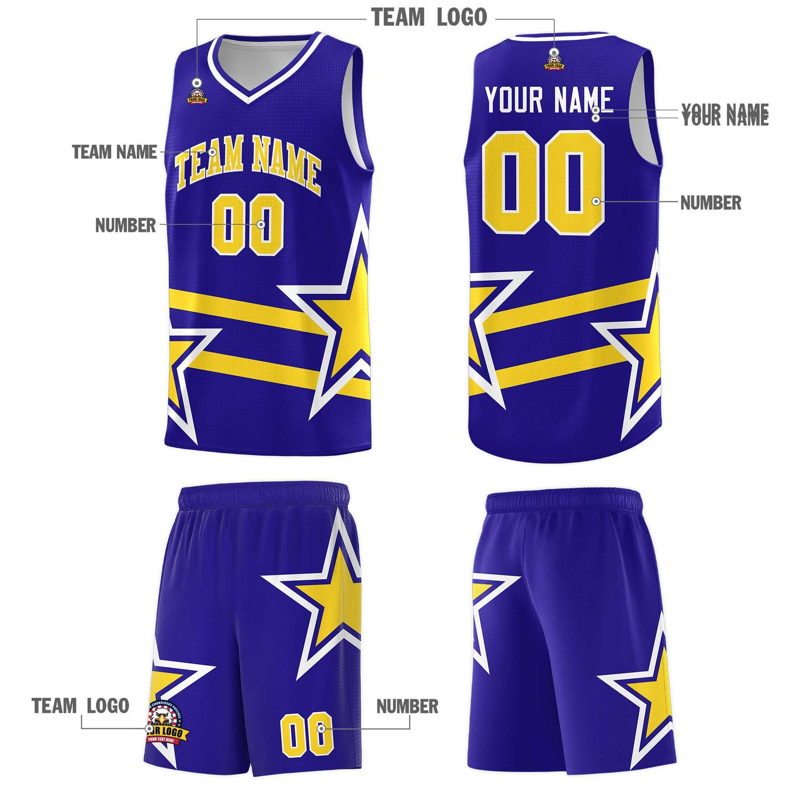 Custom Royal Basketball Kits With Gold Star Pattern And Double Lines