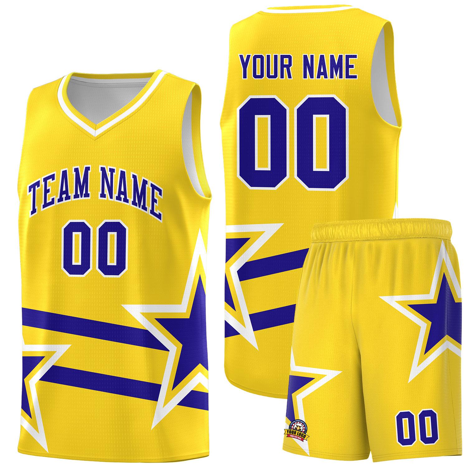 Custom Gold Basketball Kits With Royal Star Pattern And Double Lines