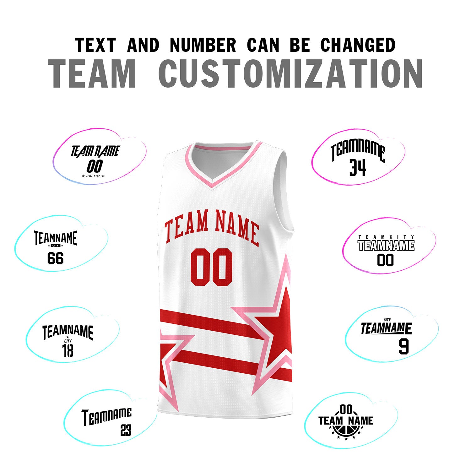 Custom White Basketball Kits With Red Star Pattern And Double Lines