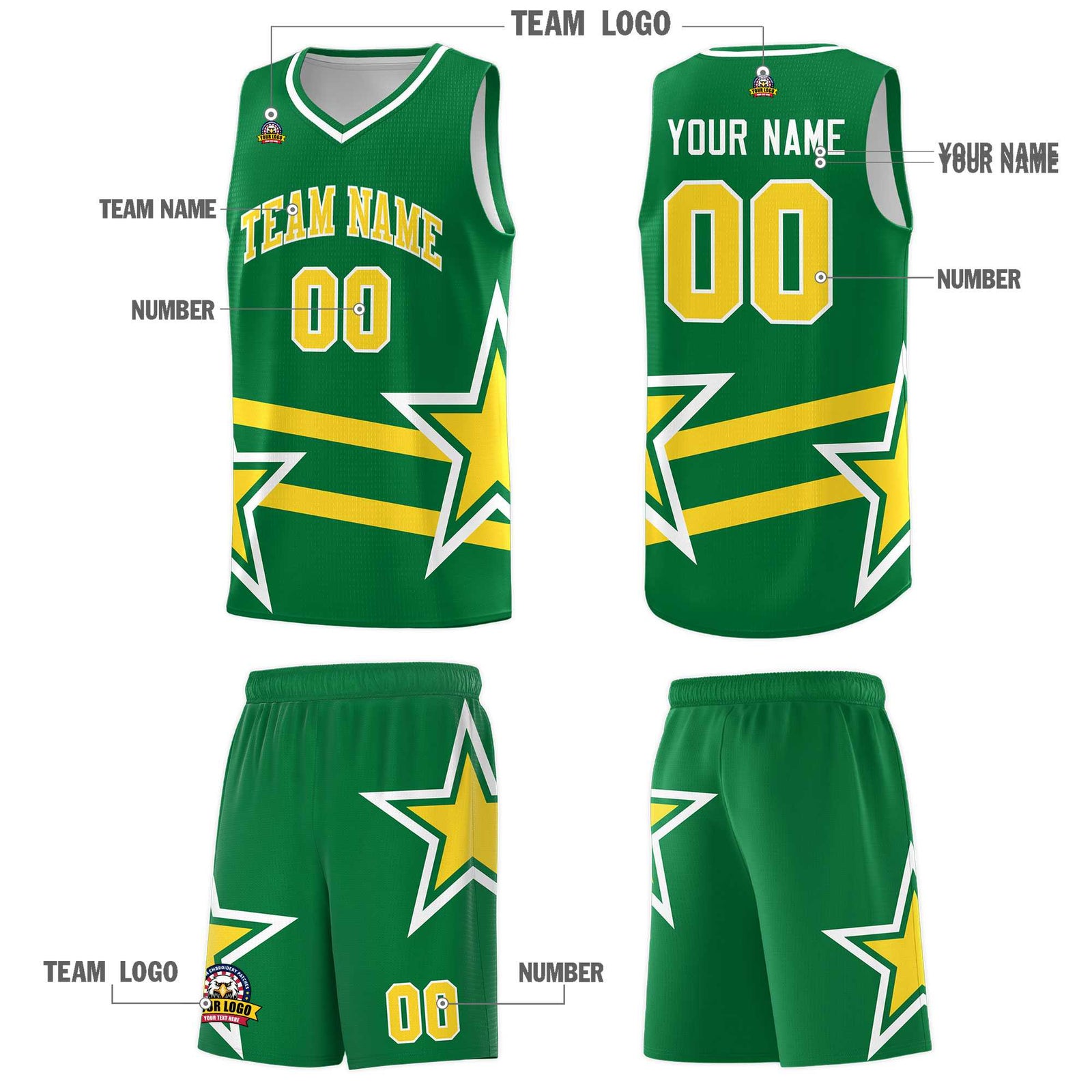 Custom Kelly Green Basketball Kits With Gold Star Pattern And Double Lines