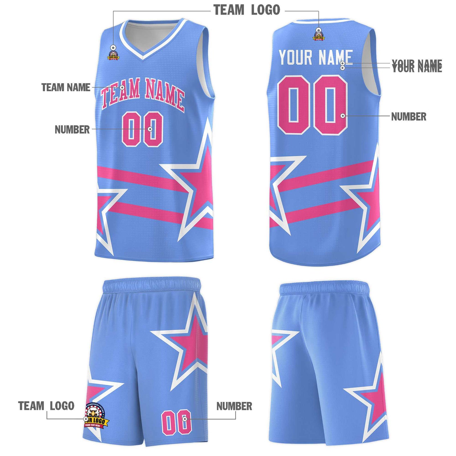 Custom Light Blue Basketball Kits With Pink Star Pattern And Double Lines