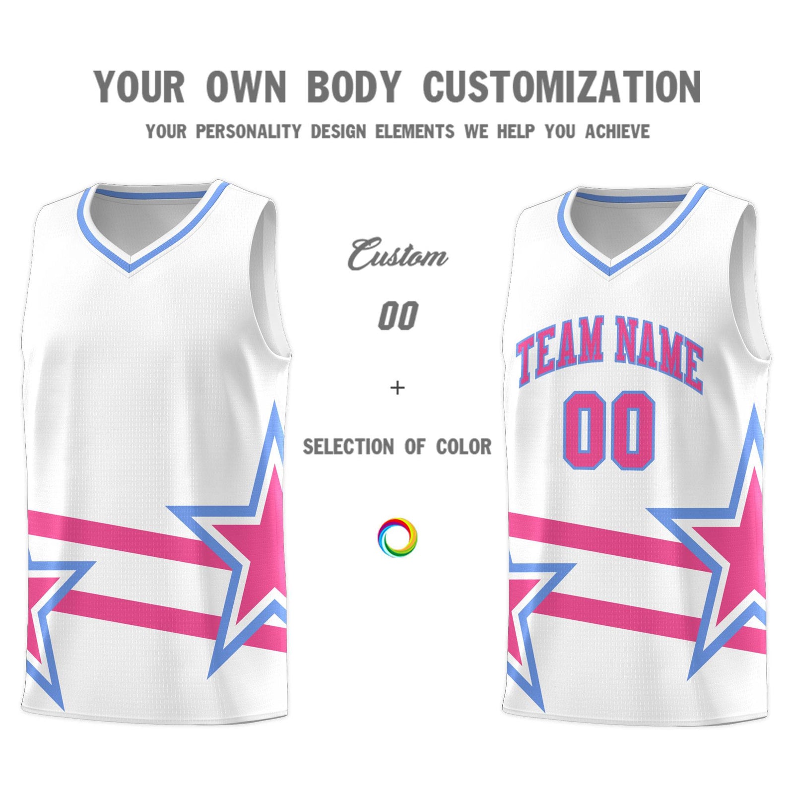 Custom White Basketball Kits With Pink Star Pattern And Double Lines