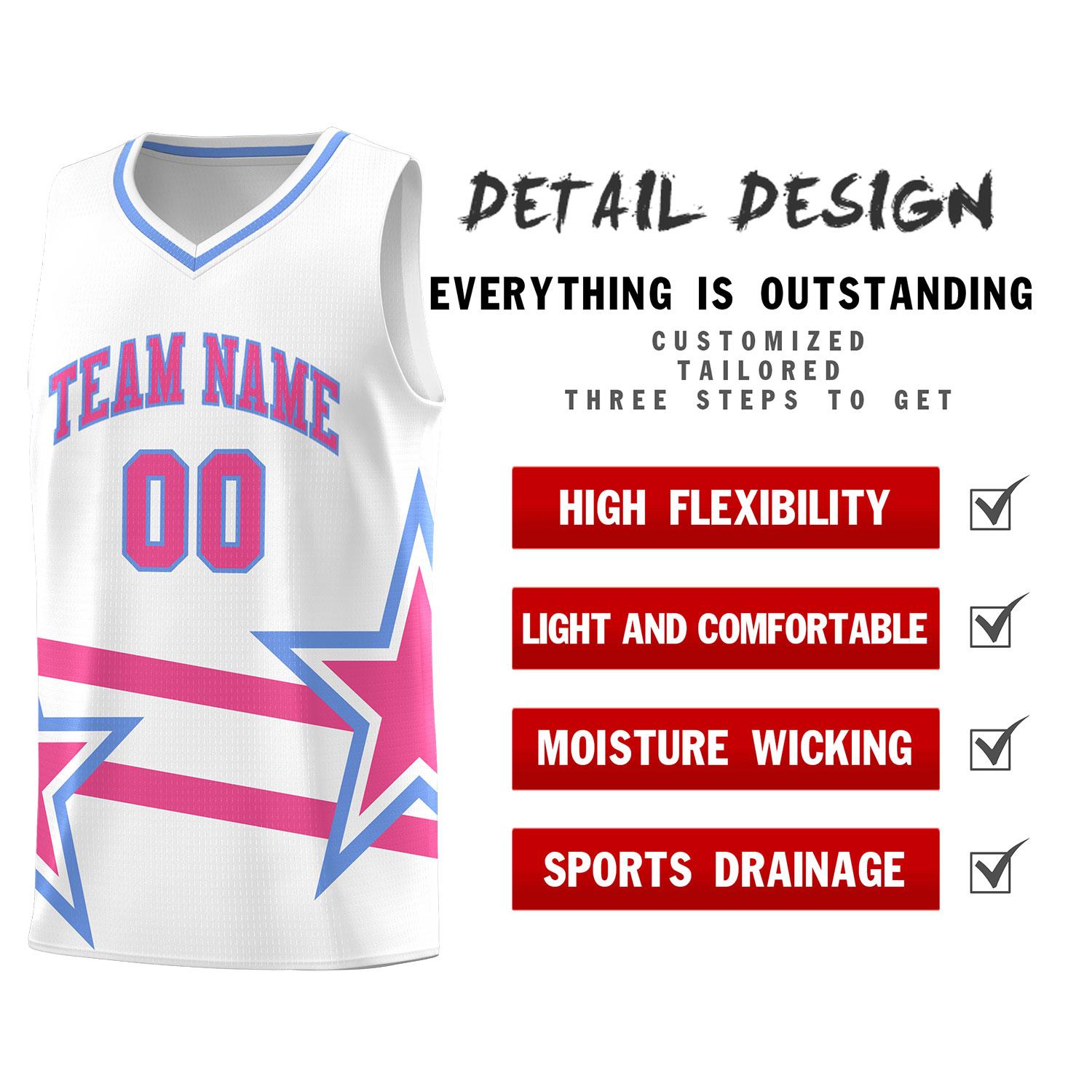 Custom White Basketball Kits With Pink Star Pattern And Double Lines