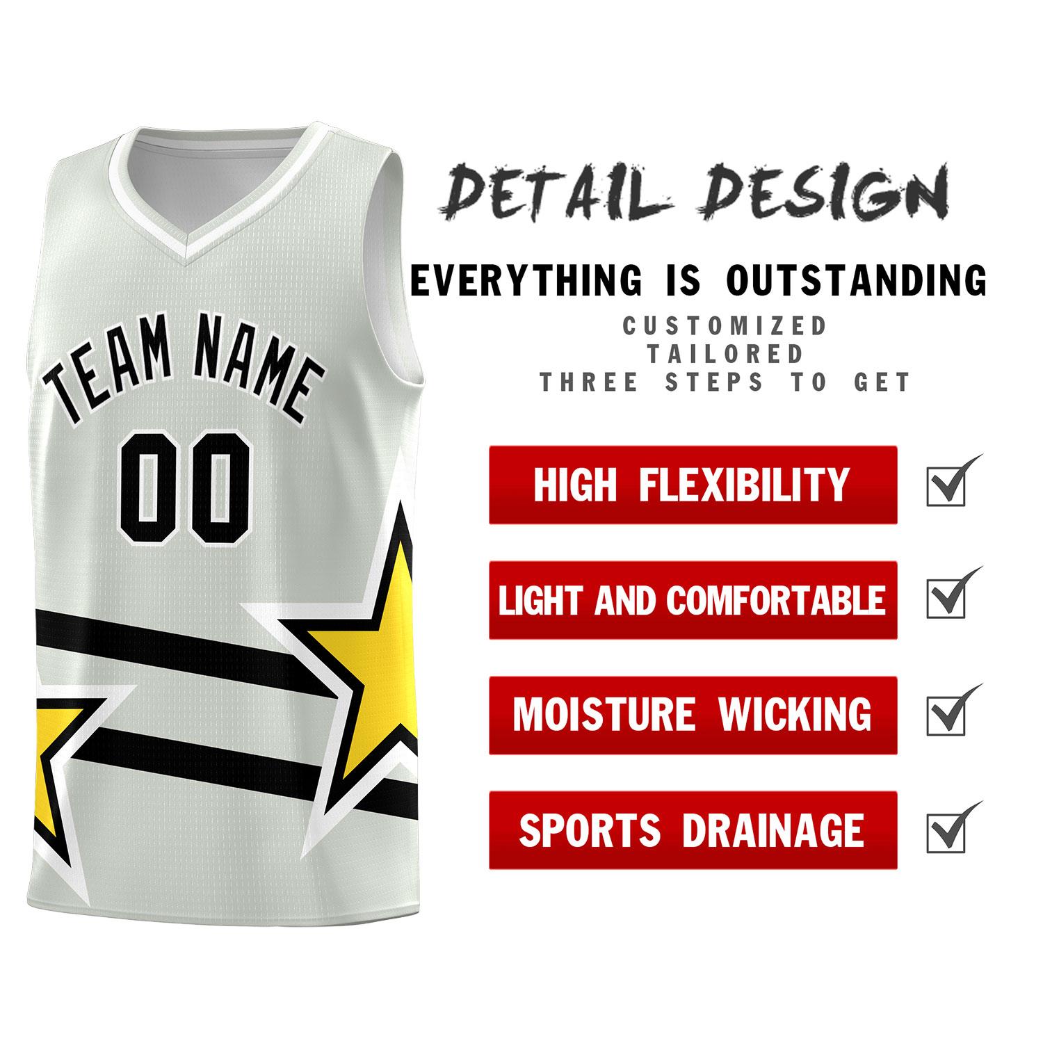 Custom Gray Basketball Kits With Gold Star Pattern And Double Lines