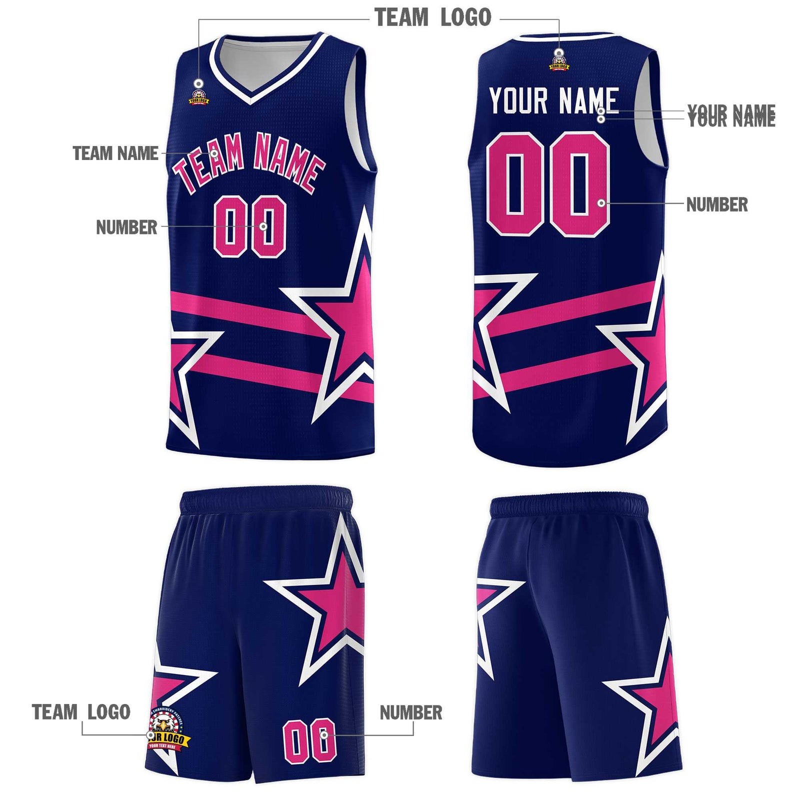 Custom Navy Basketball Kits With Rose Red Star Pattern And Double Lines