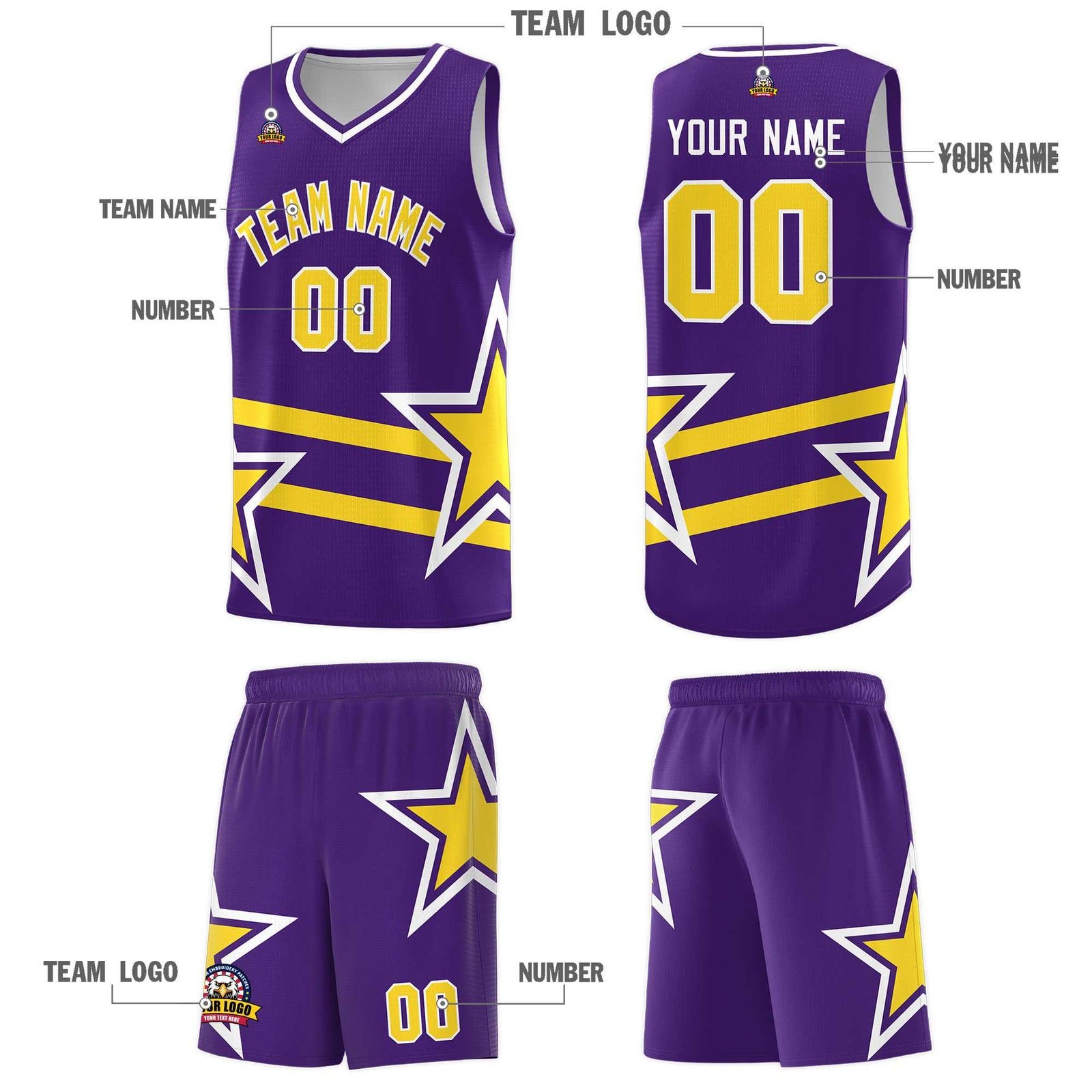Custom Purple Basketball Kits With Gold Star Pattern And Double Lines
