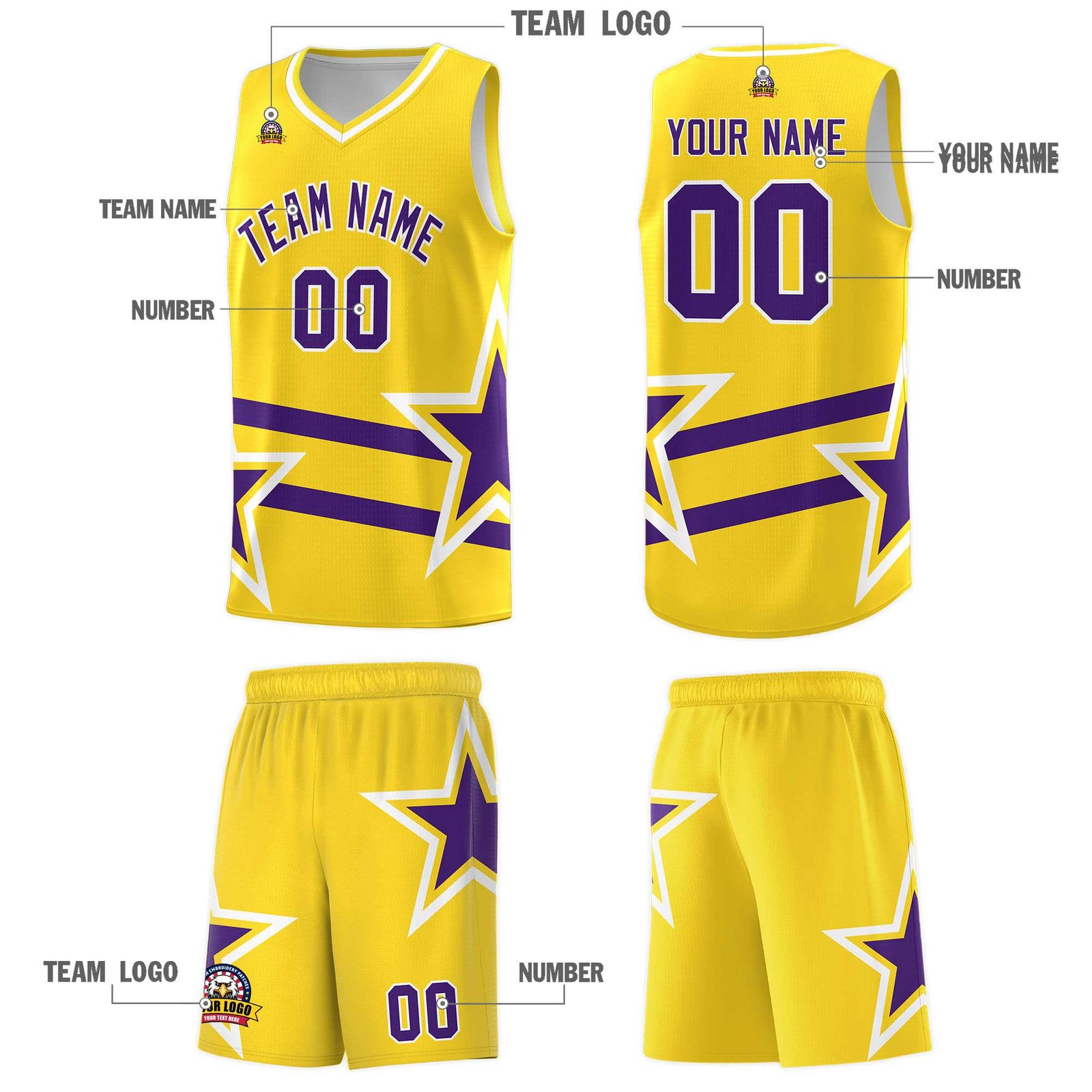 Custom Gold Basketball Kits With Purple Star Pattern And Double Lines