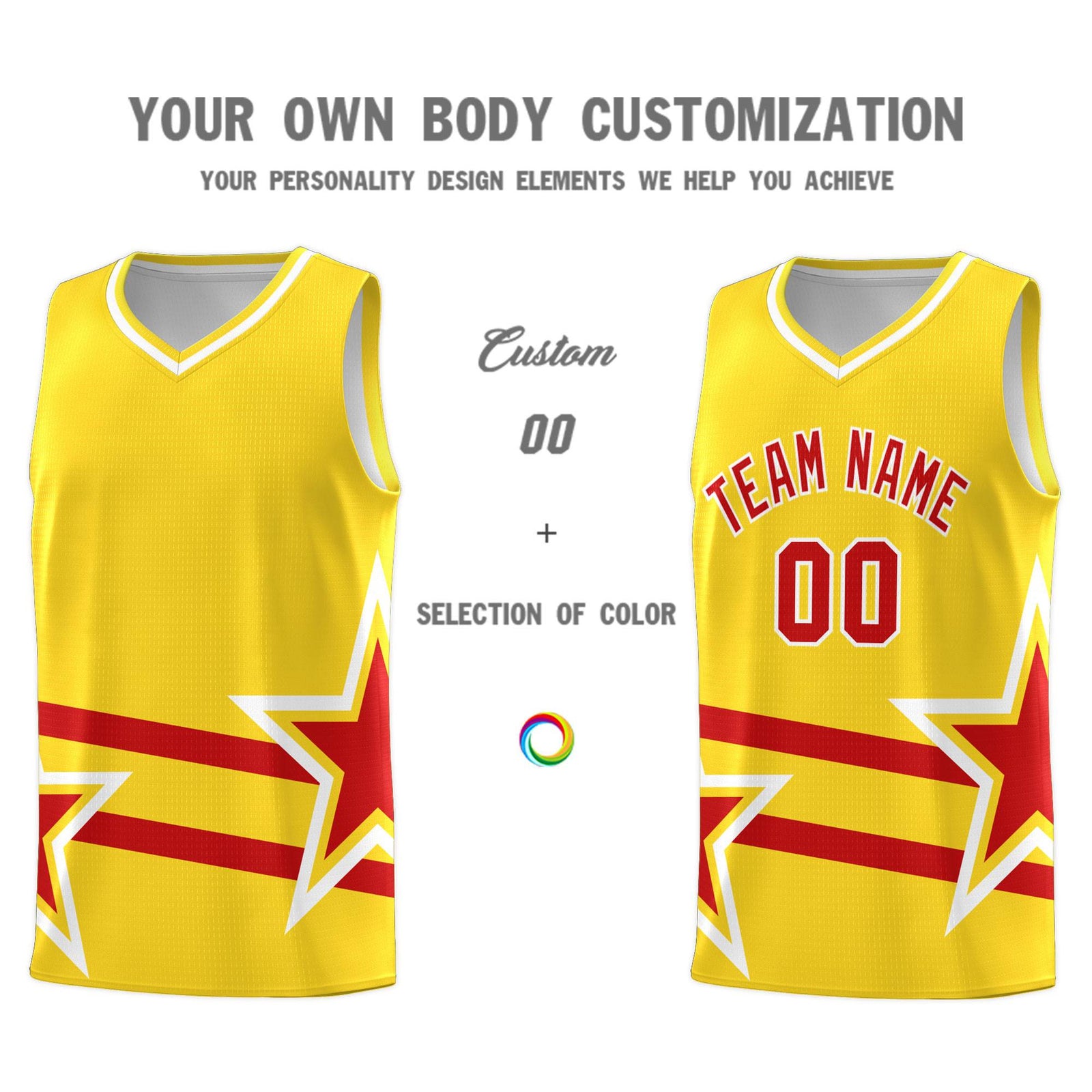 Custom Gold Basketball Kits With Red Star Pattern And Double Lines