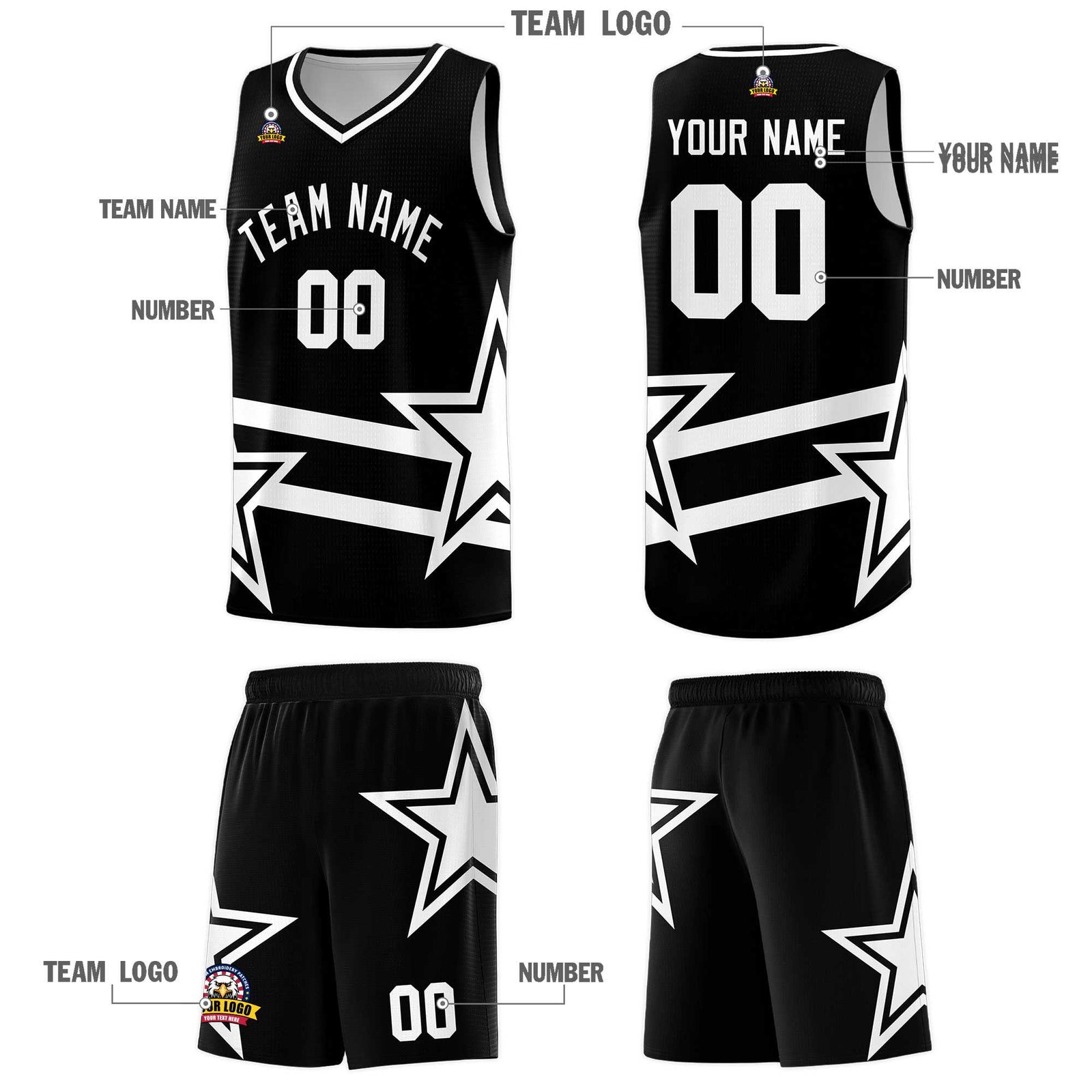 Custom Black Basketball Kits With White Star Pattern And Double Lines