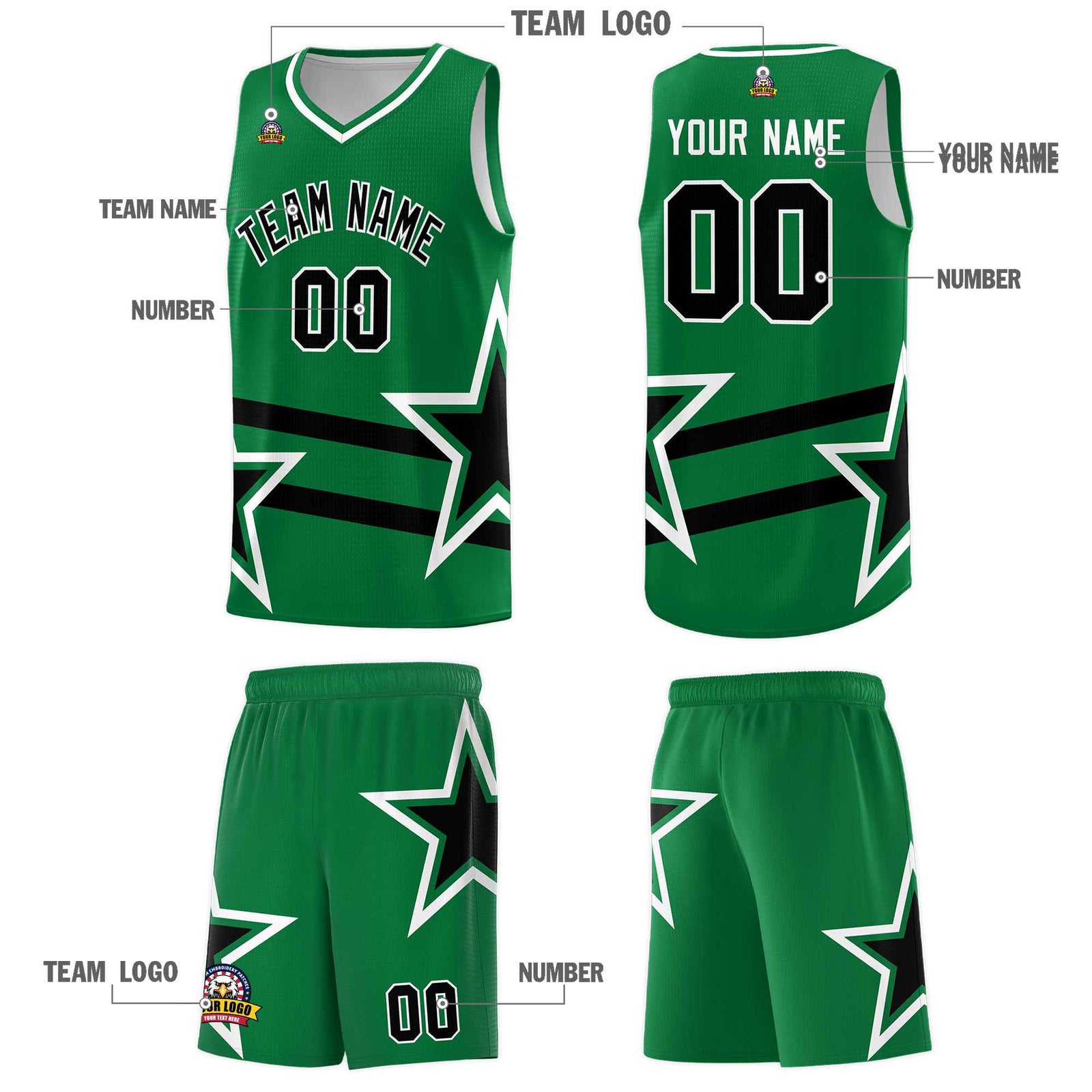Custom Kelly Green Basketball Kits With Black Star Pattern And Double Lines