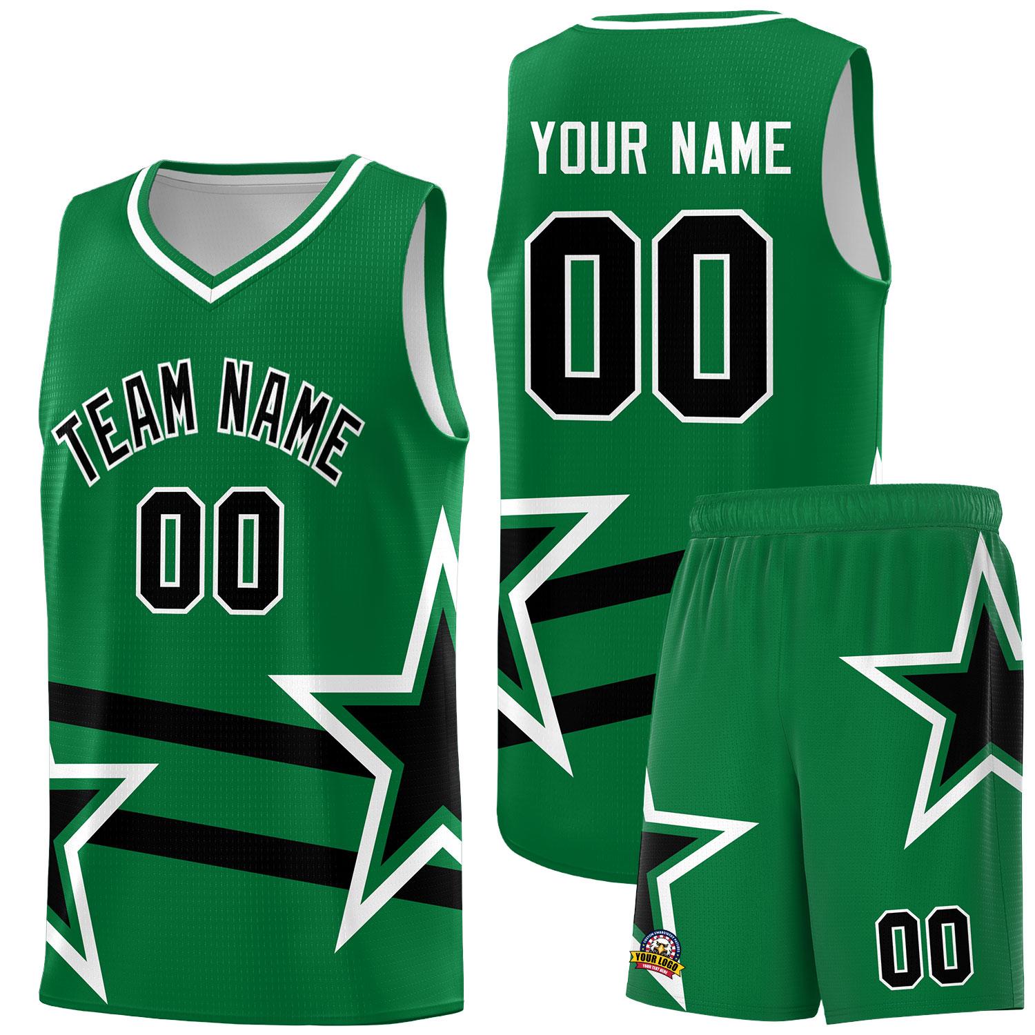 Custom Kelly Green Basketball Kits With Black Star Pattern And Double Lines