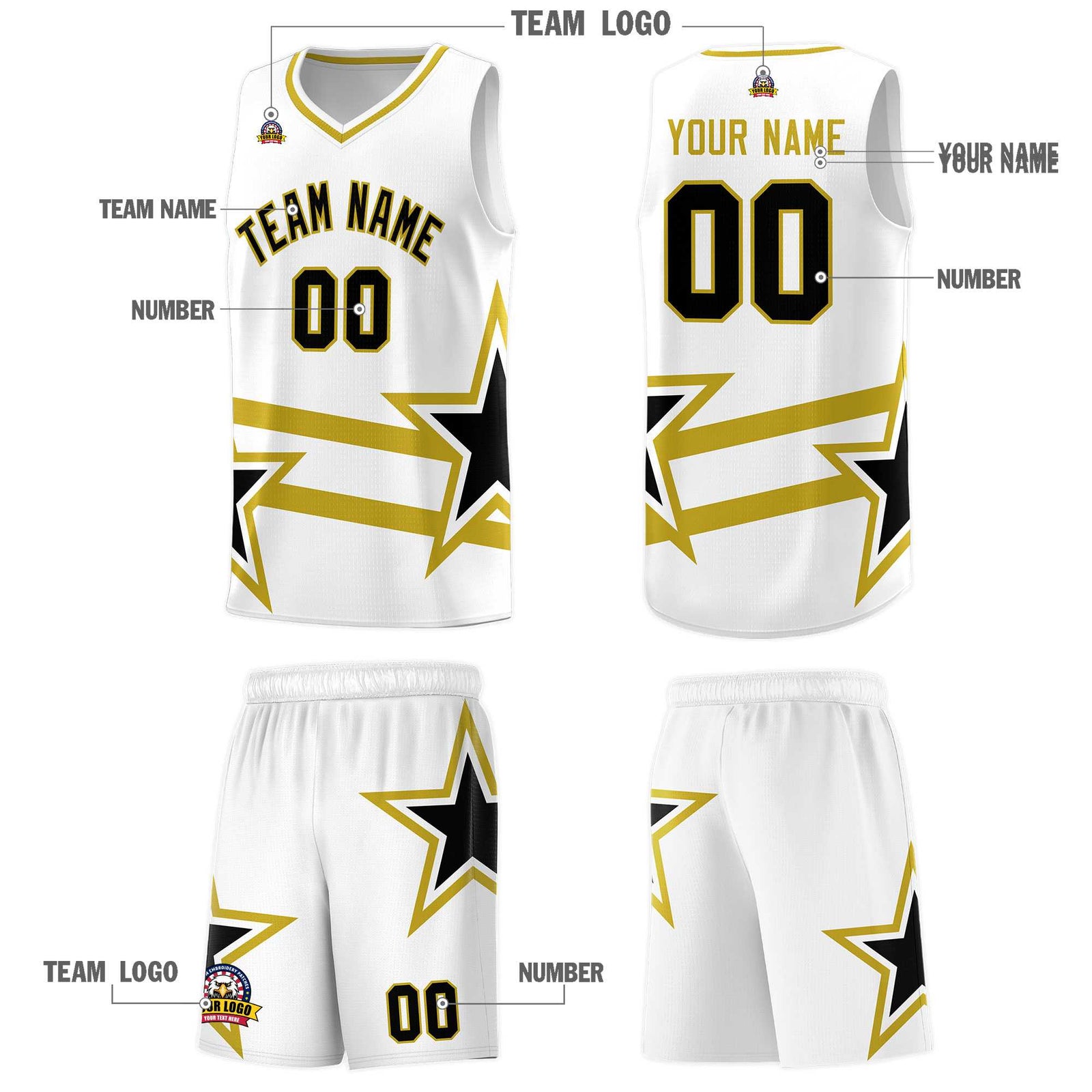 Custom White Basketball Kits With Old Gold Star Pattern And Double Lines