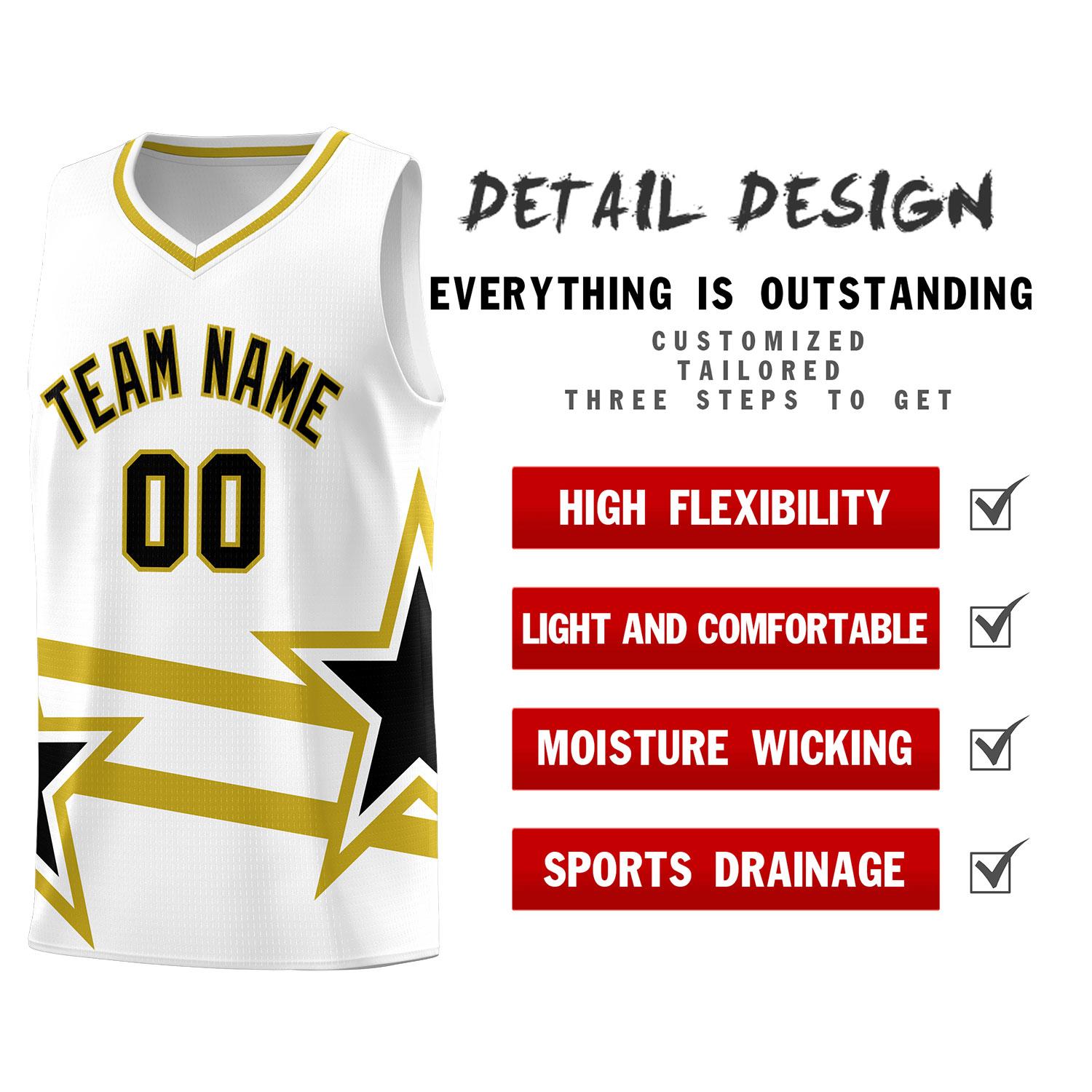 Custom White Basketball Kits With Old Gold Star Pattern And Double Lines