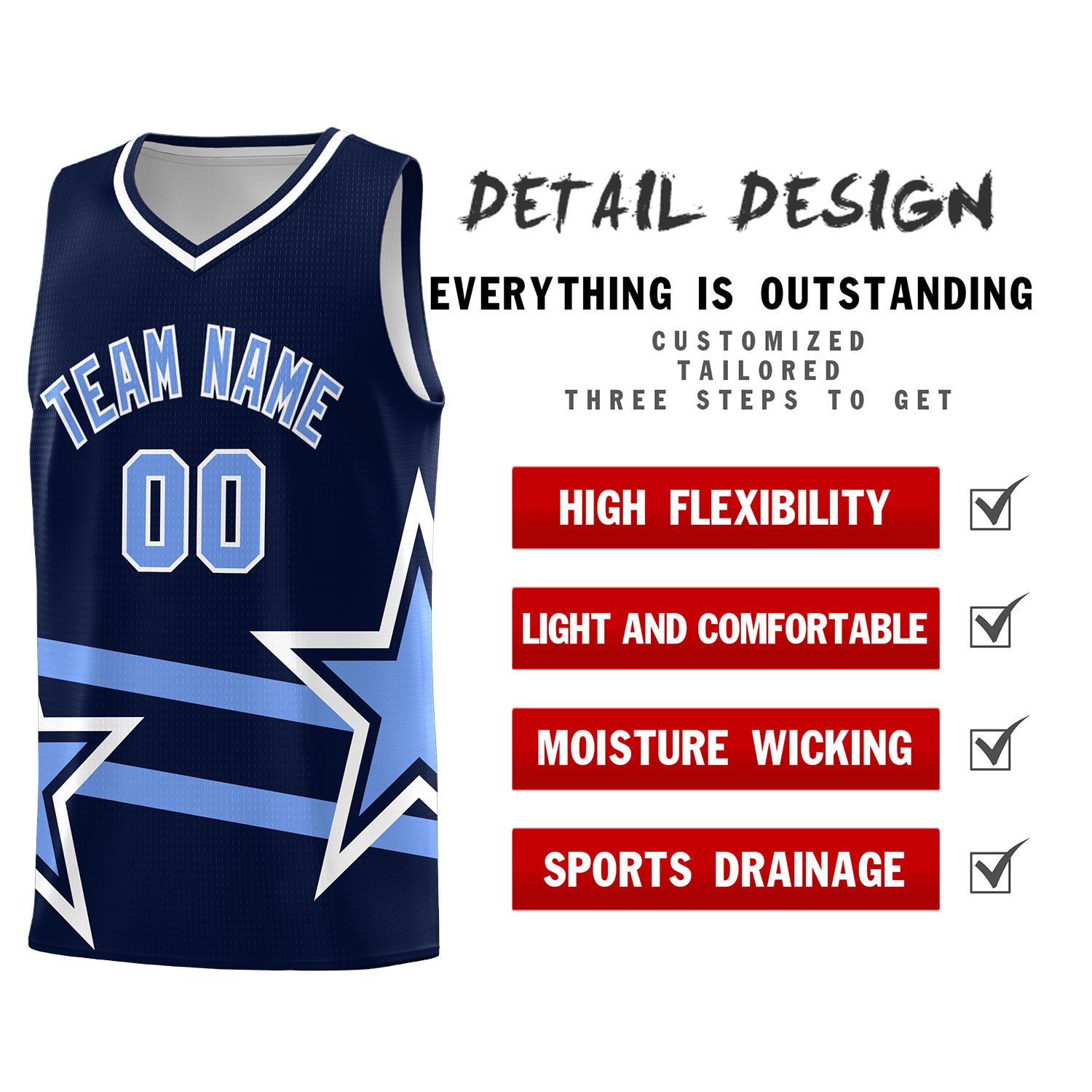Custom Navy Basketball Kits With Light Blue Star Pattern And Double Lines