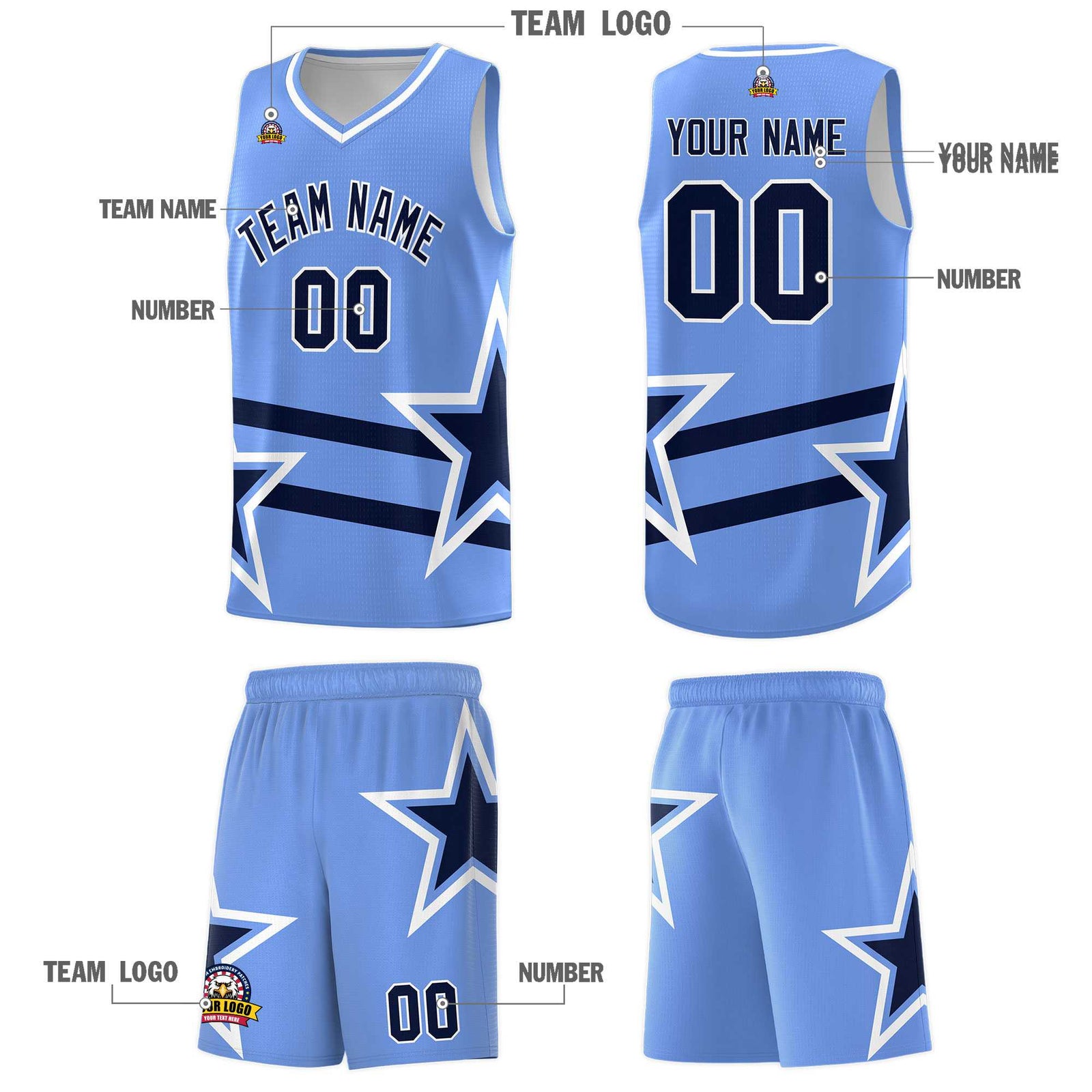 Custom Light Blue Basketball Kits With Navy Star Pattern And Double Lines