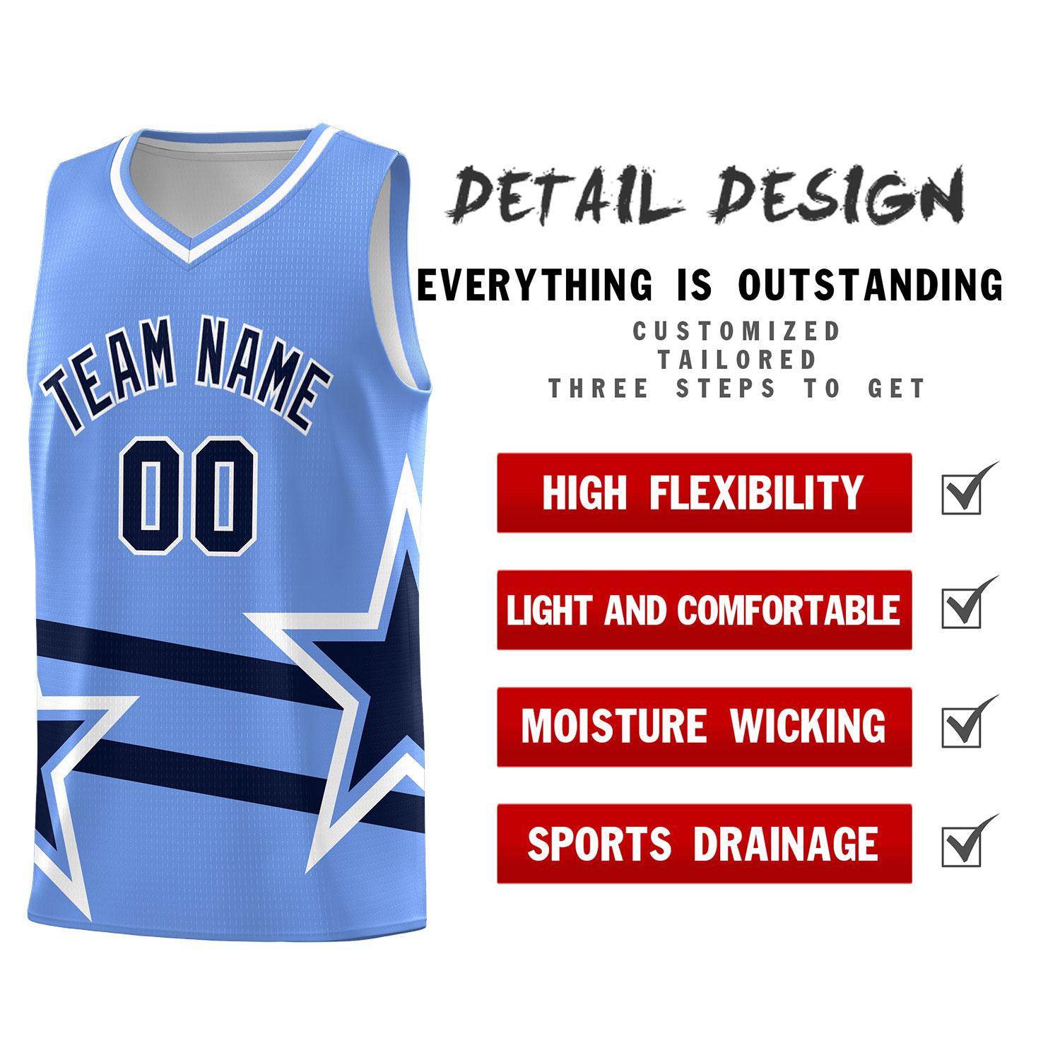 Custom Light Blue Basketball Kits With Navy Star Pattern And Double Lines
