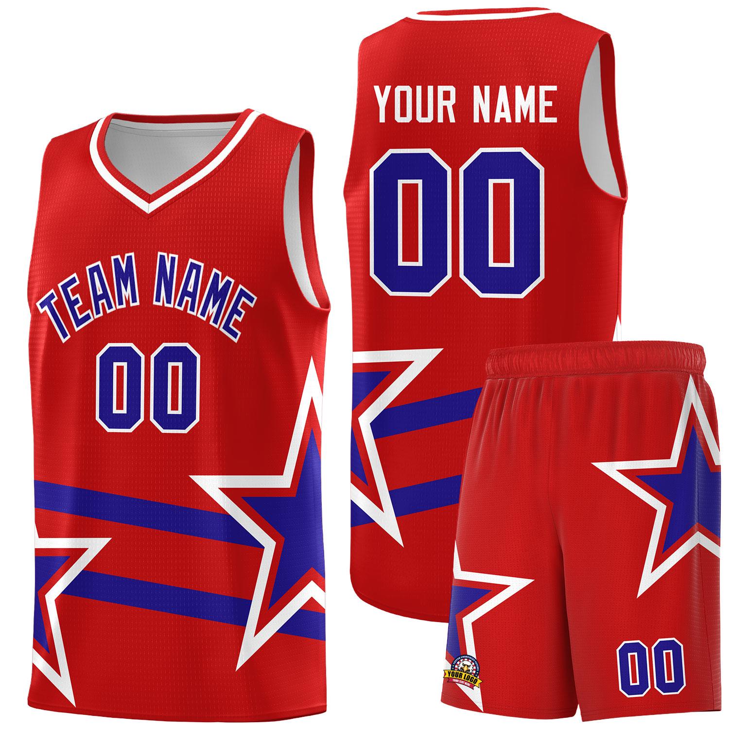 Custom Red Basketball Kits With Royal Star Pattern And Double Lines