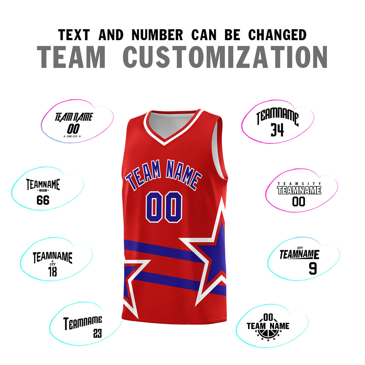 Custom Red Basketball Kits With Royal Star Pattern And Double Lines