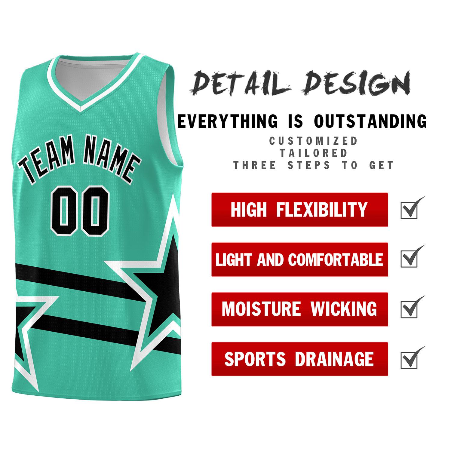Custom Bright Green Basketball Kits With Black Star Pattern And Double Lines