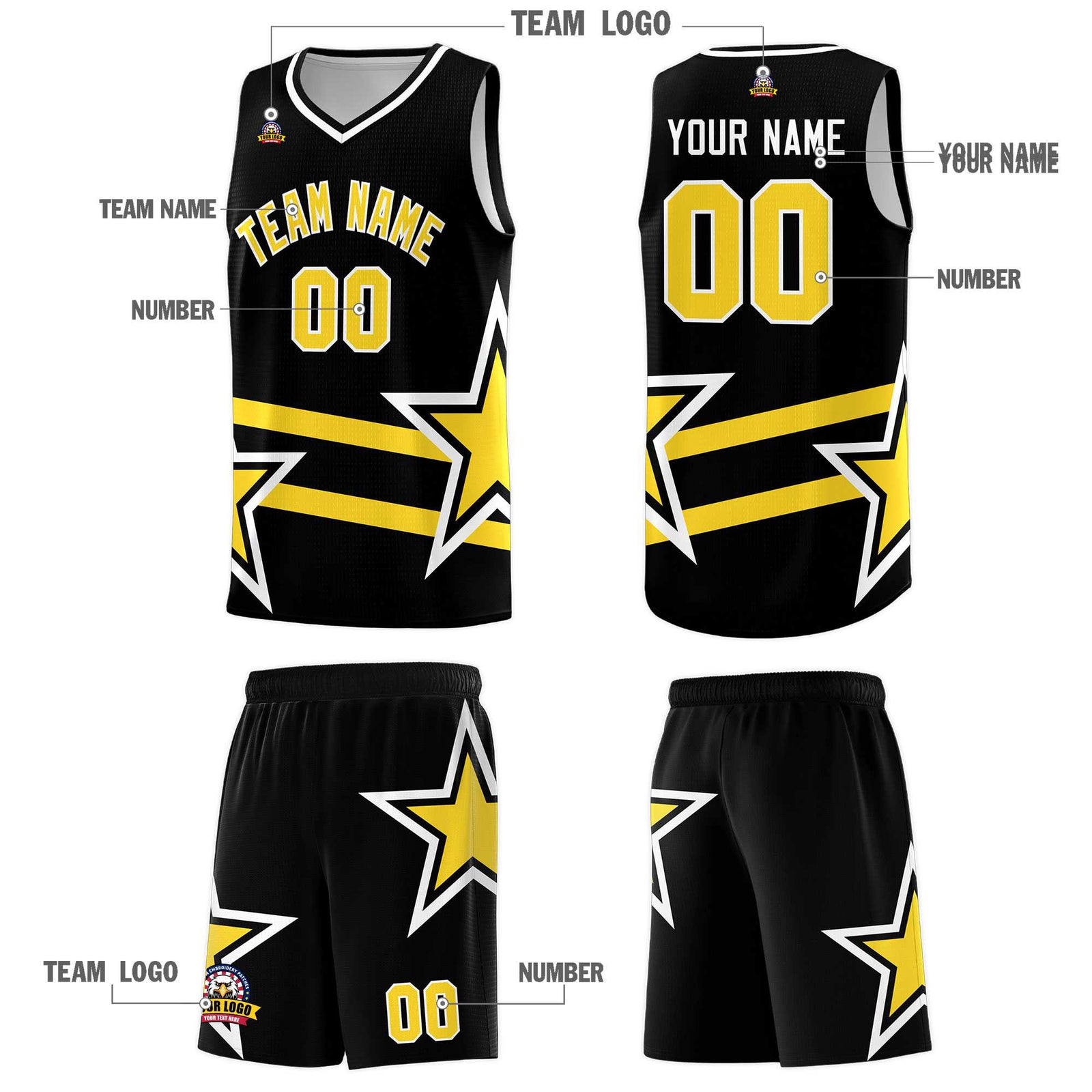 Custom Black Basketball Kits With Gold Star Pattern And Double Lines