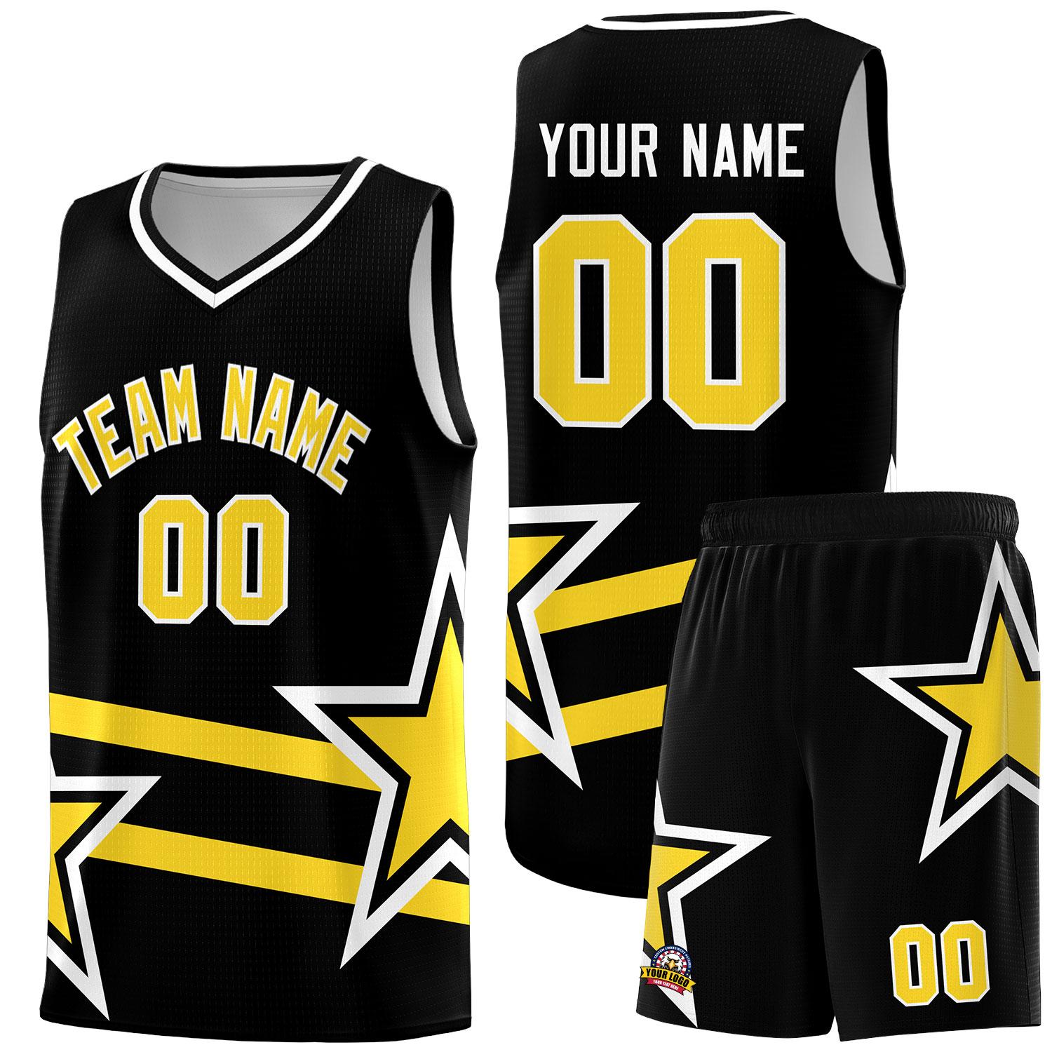 Custom Black Basketball Kits With Gold Star Pattern And Double Lines