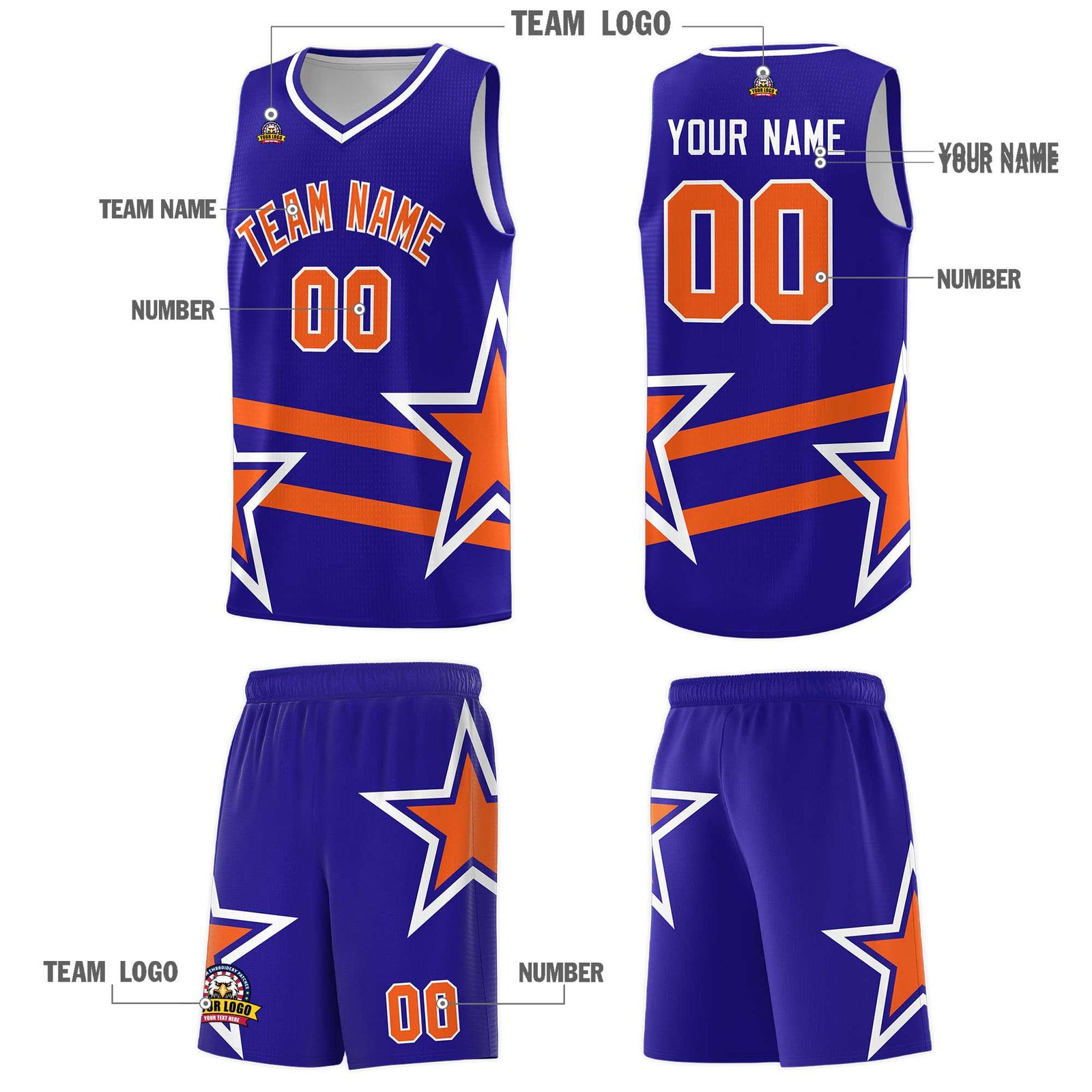 Custom Royal Basketball Kits With Orange Star Pattern And Double Lines