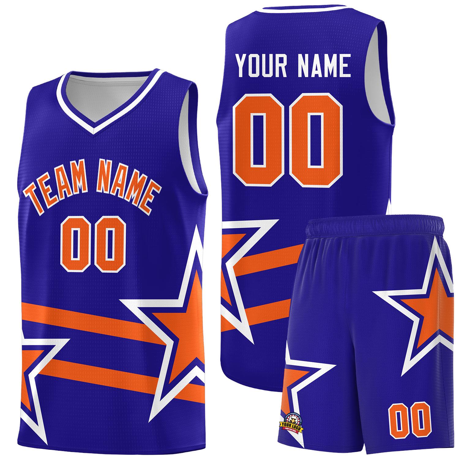 Custom Royal Basketball Kits With Orange Star Pattern And Double Lines