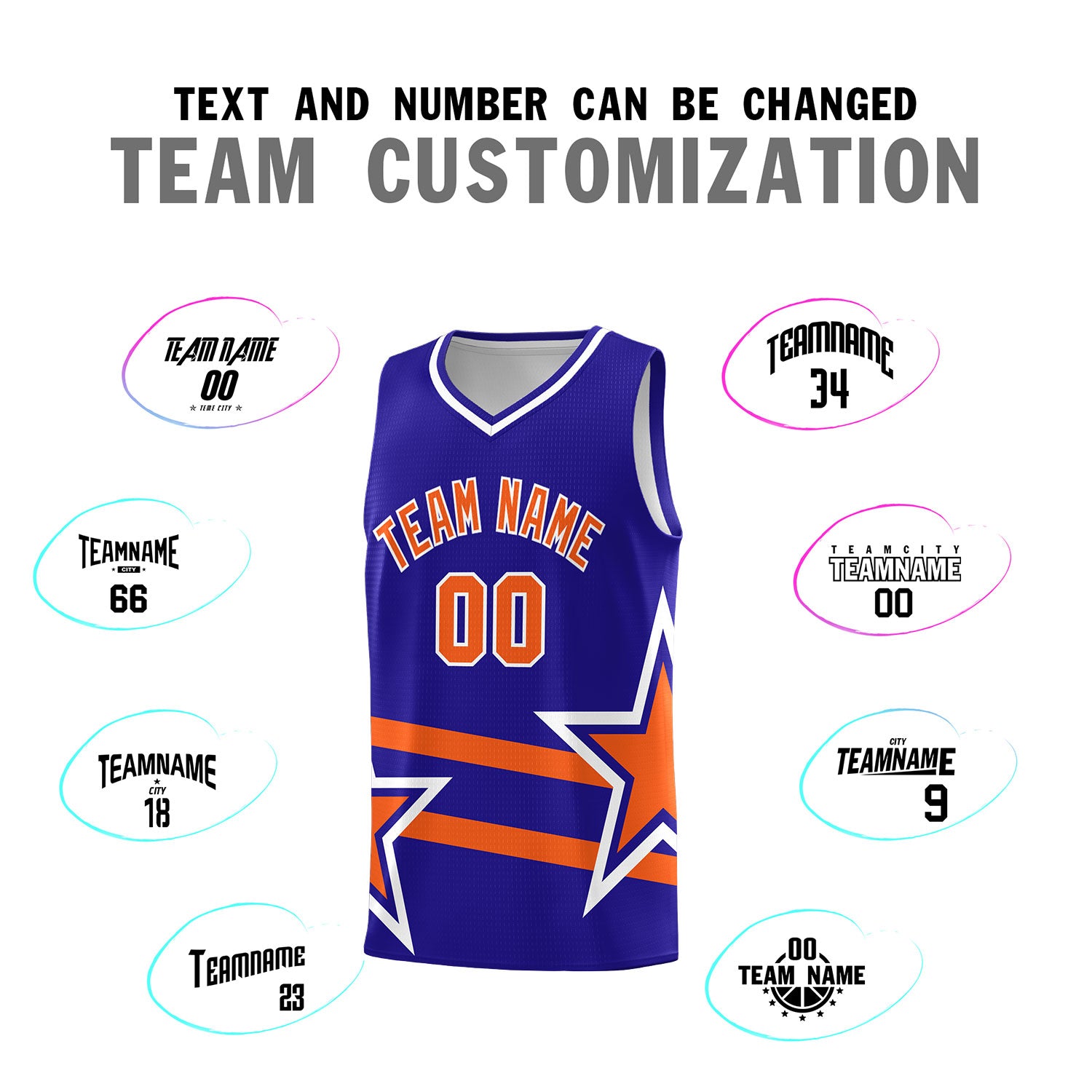 Custom Royal Basketball Kits With Orange Star Pattern And Double Lines