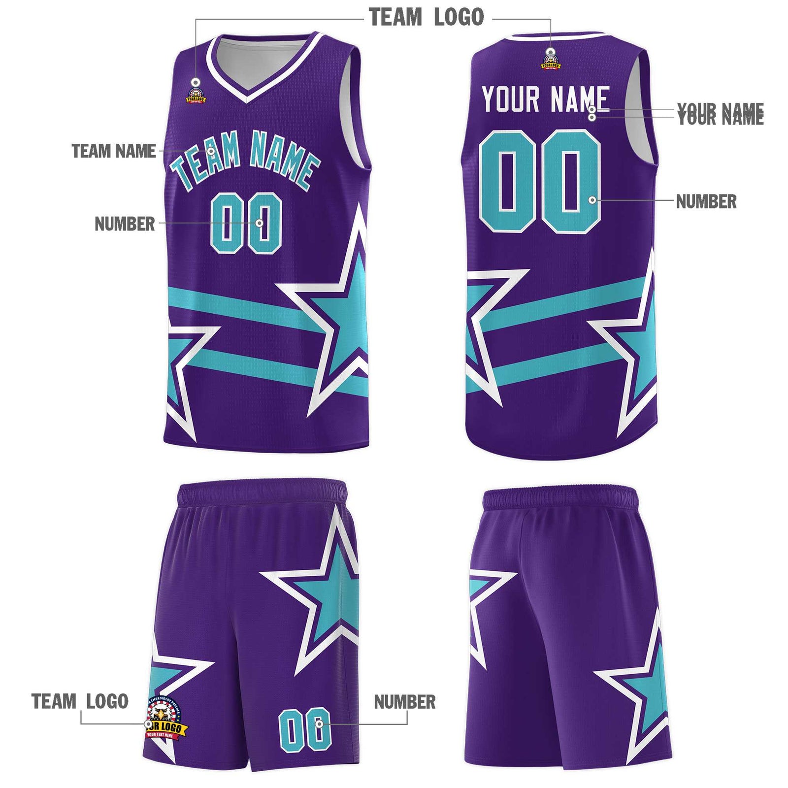 Custom Purple Basketball Kits With Sky Blue Star Pattern And Double Lines