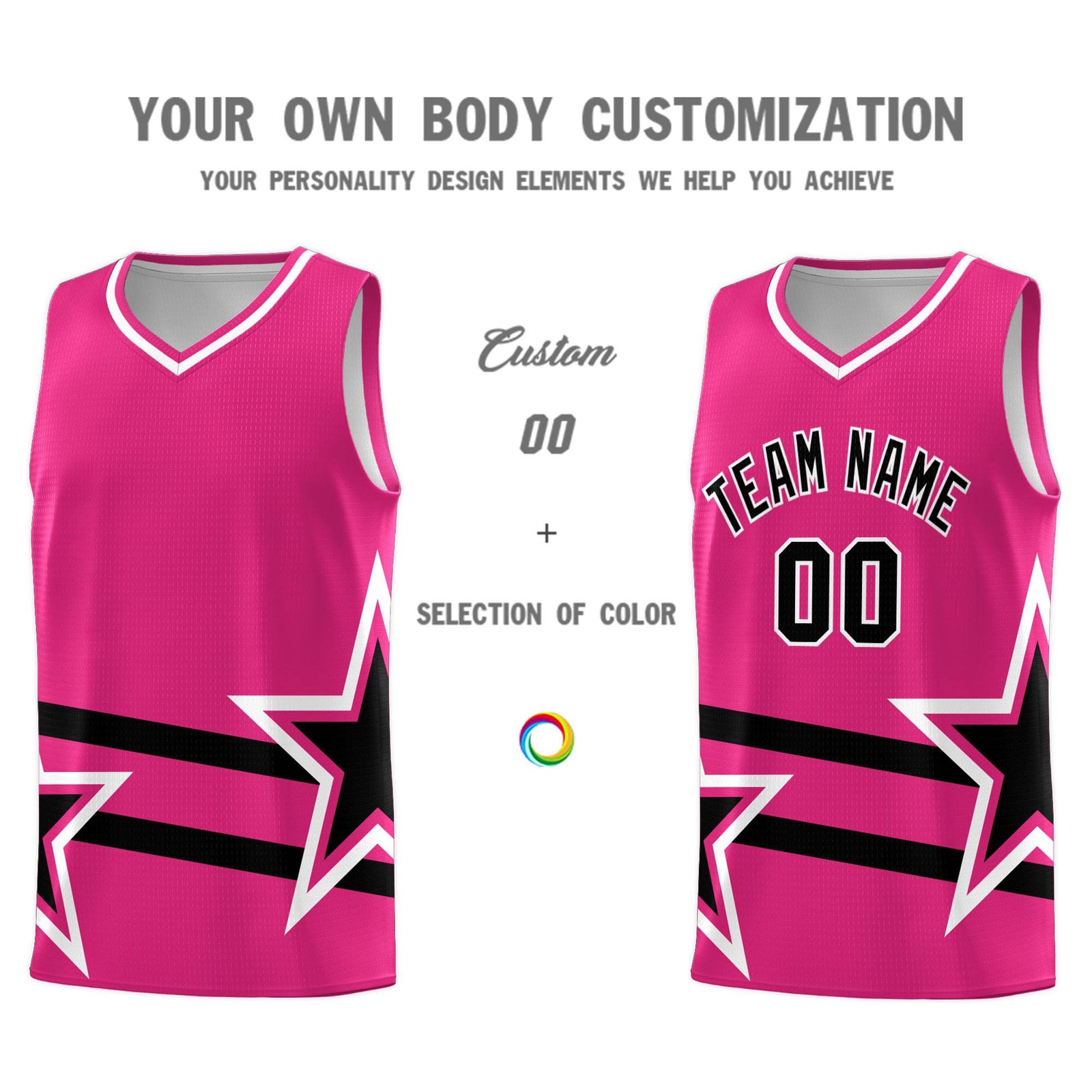 Custom Rose Red Basketball Kits With Black Star Pattern And Double Lines