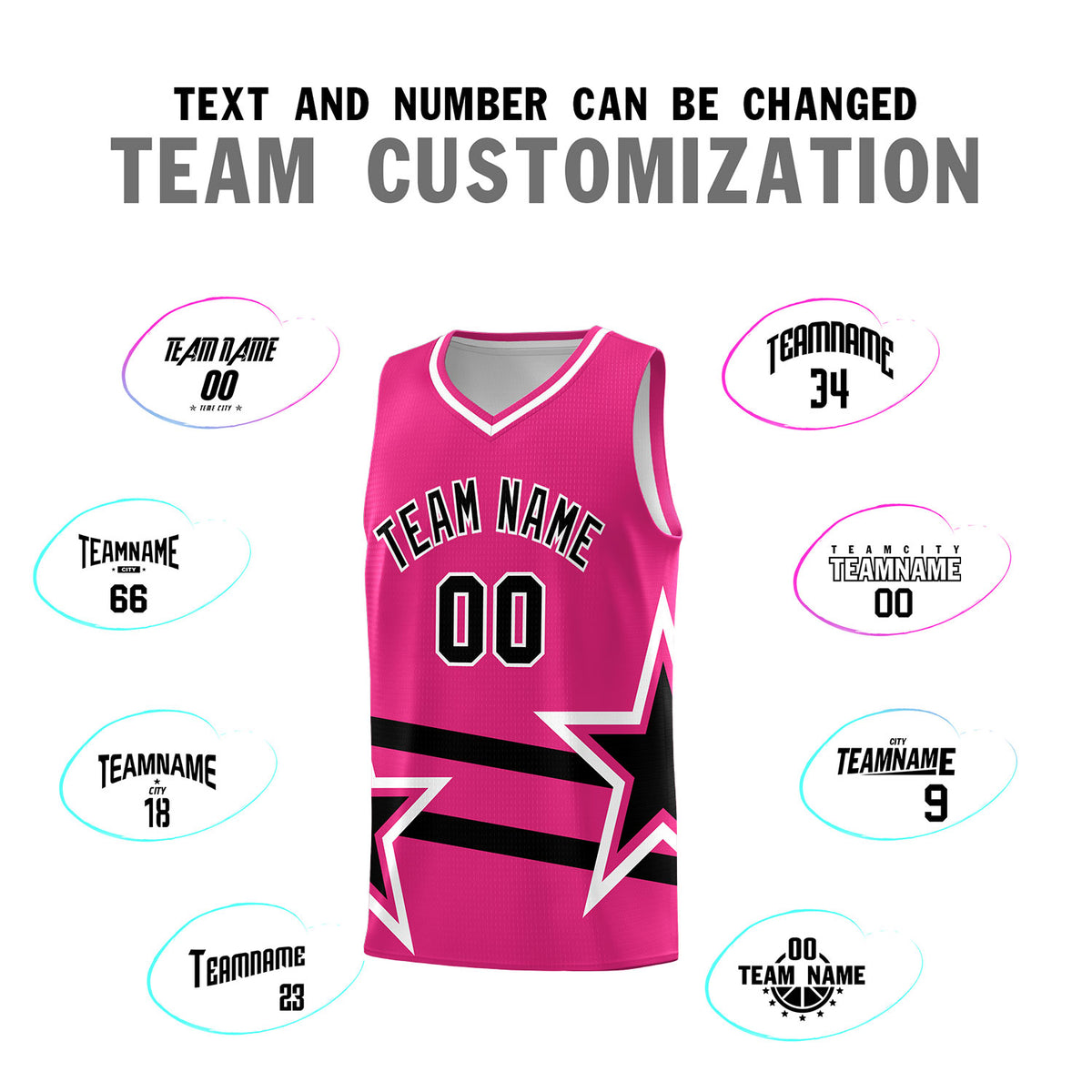 Custom Rose Red Basketball Kits With Black Star Pattern And Double Lines