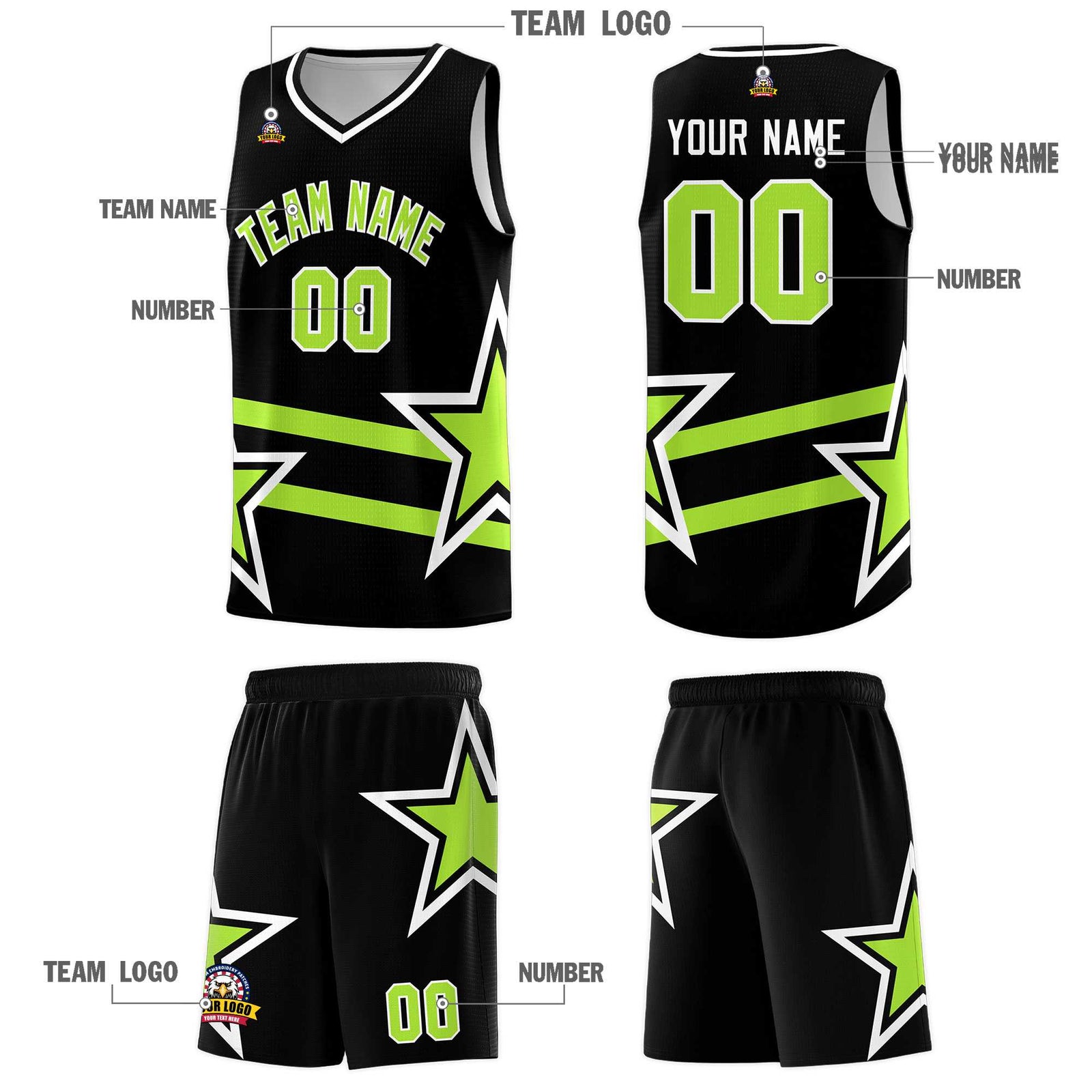 Custom Black Basketball Kits With Neon Green Star Pattern And Double Lines