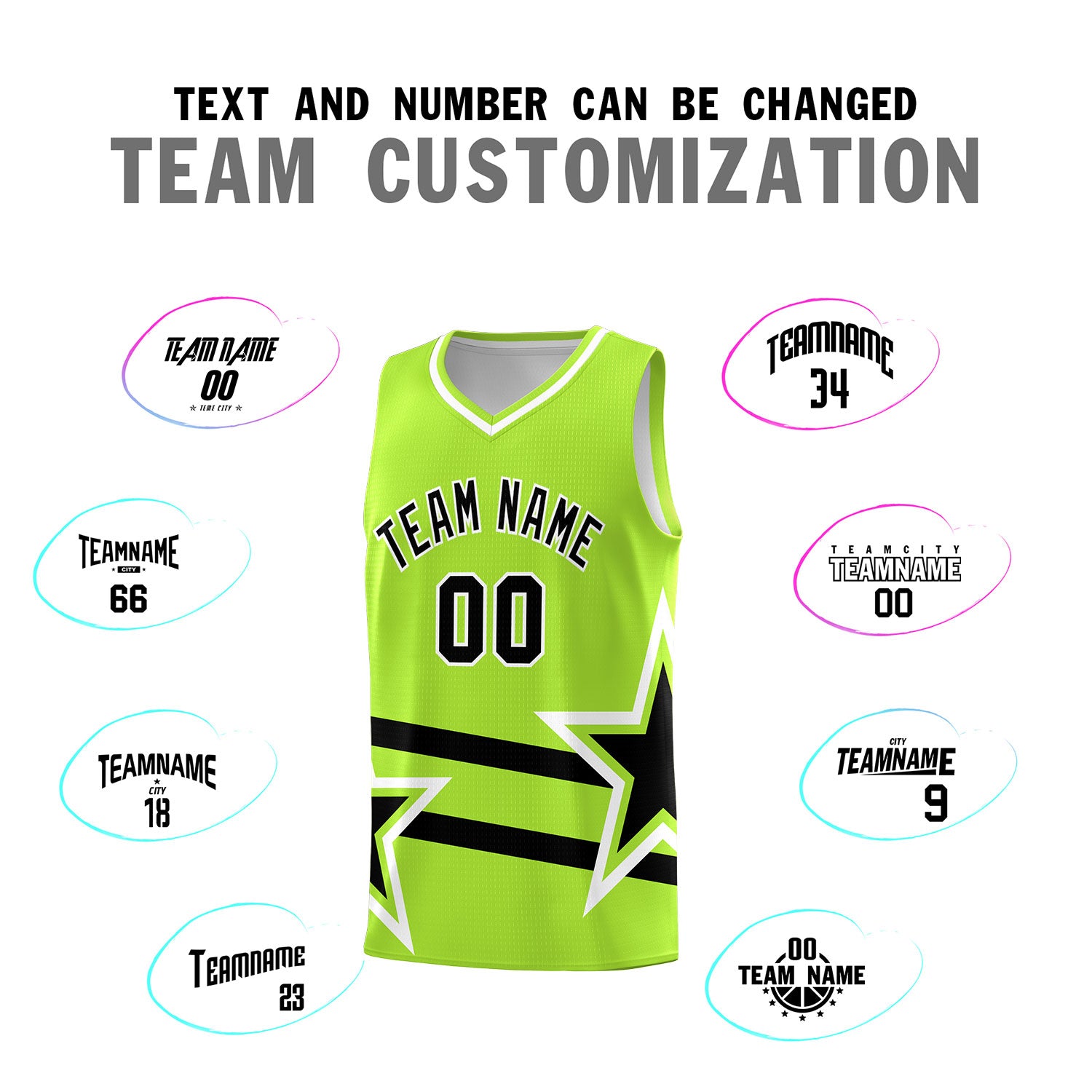 Custom Neon Green Basketball Kits With Black Star Pattern And Double Lines