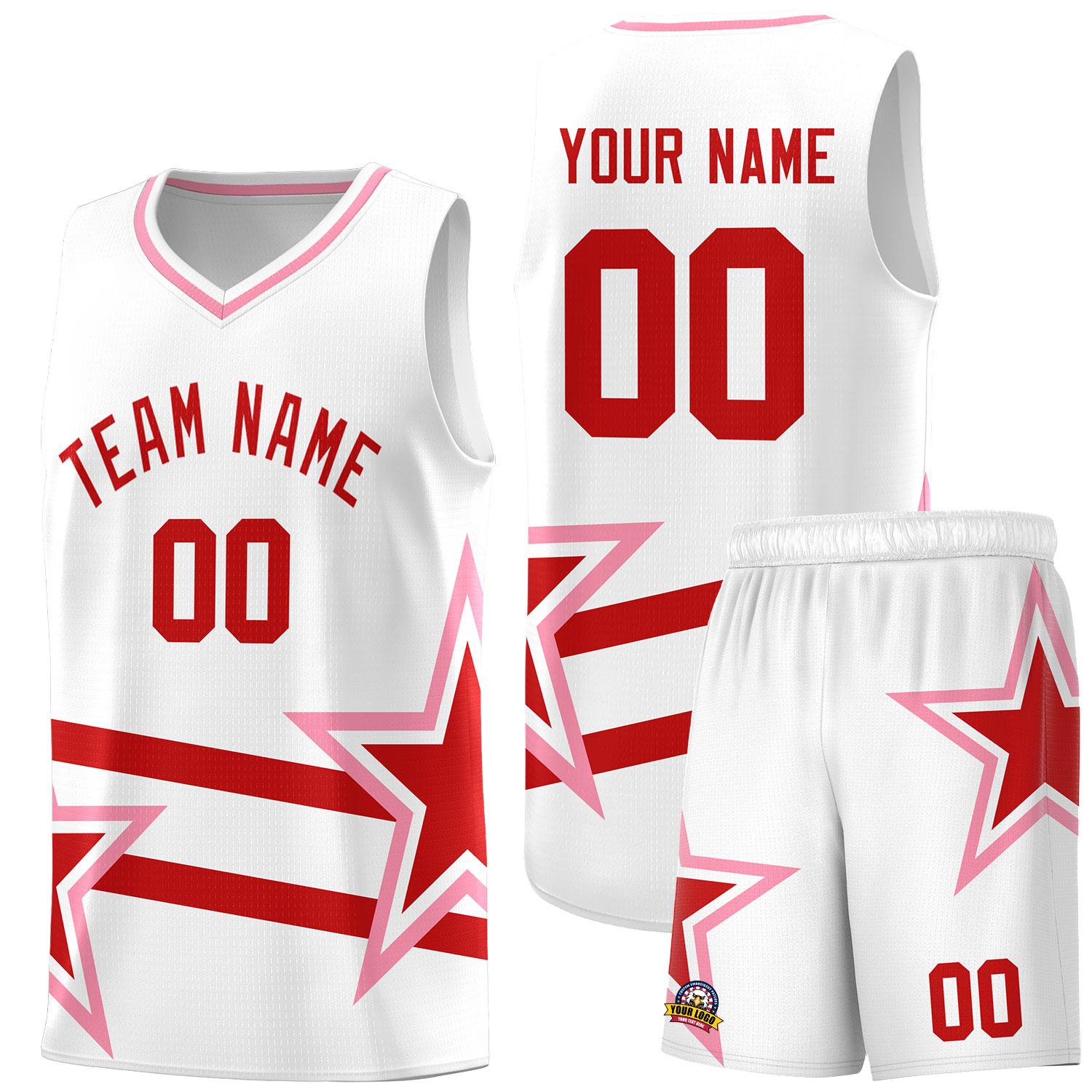 Custom White Basketball Kits With Red Star Pattern And Double Lines