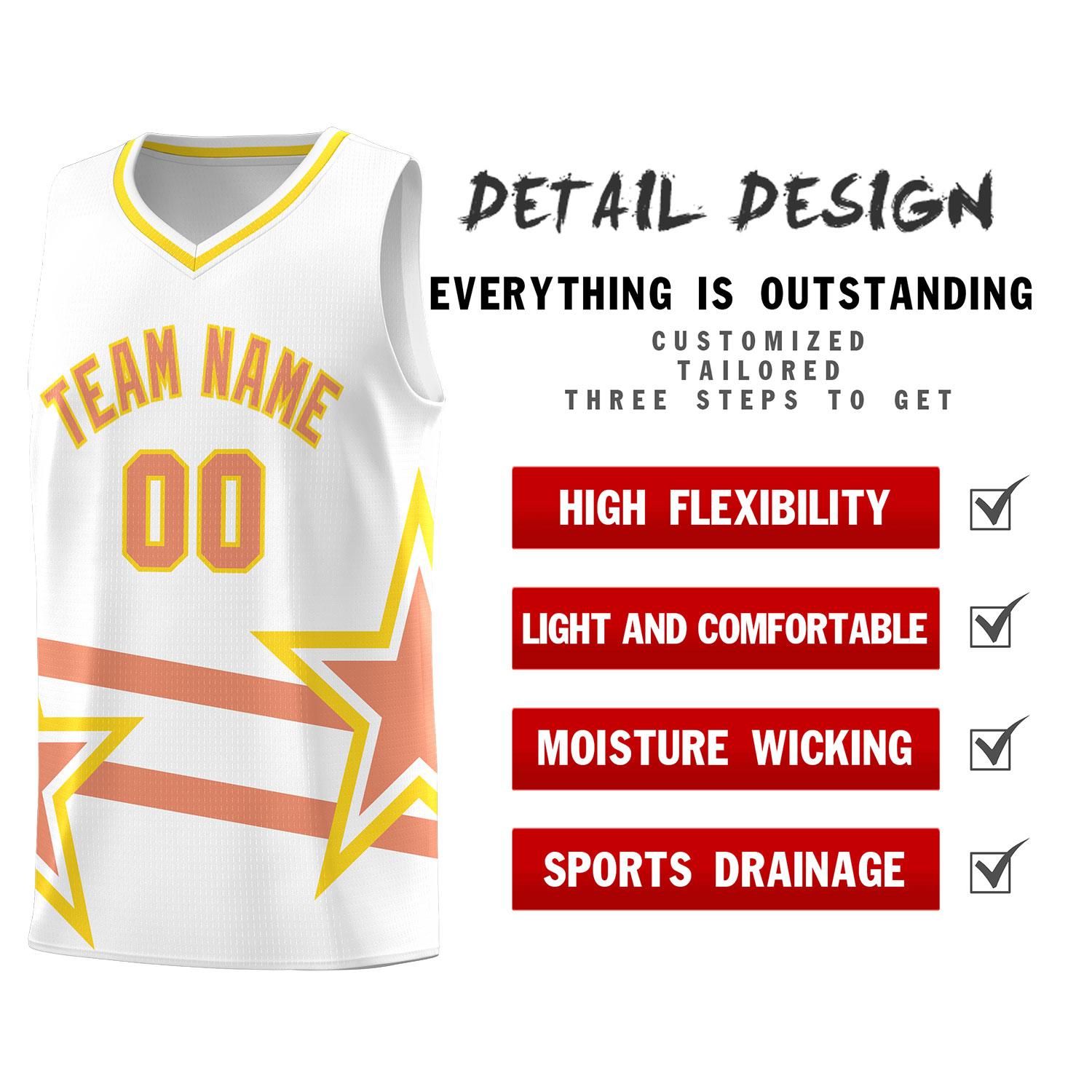 Custom White Basketball Kits With Light Orange Star Pattern And Double Lines