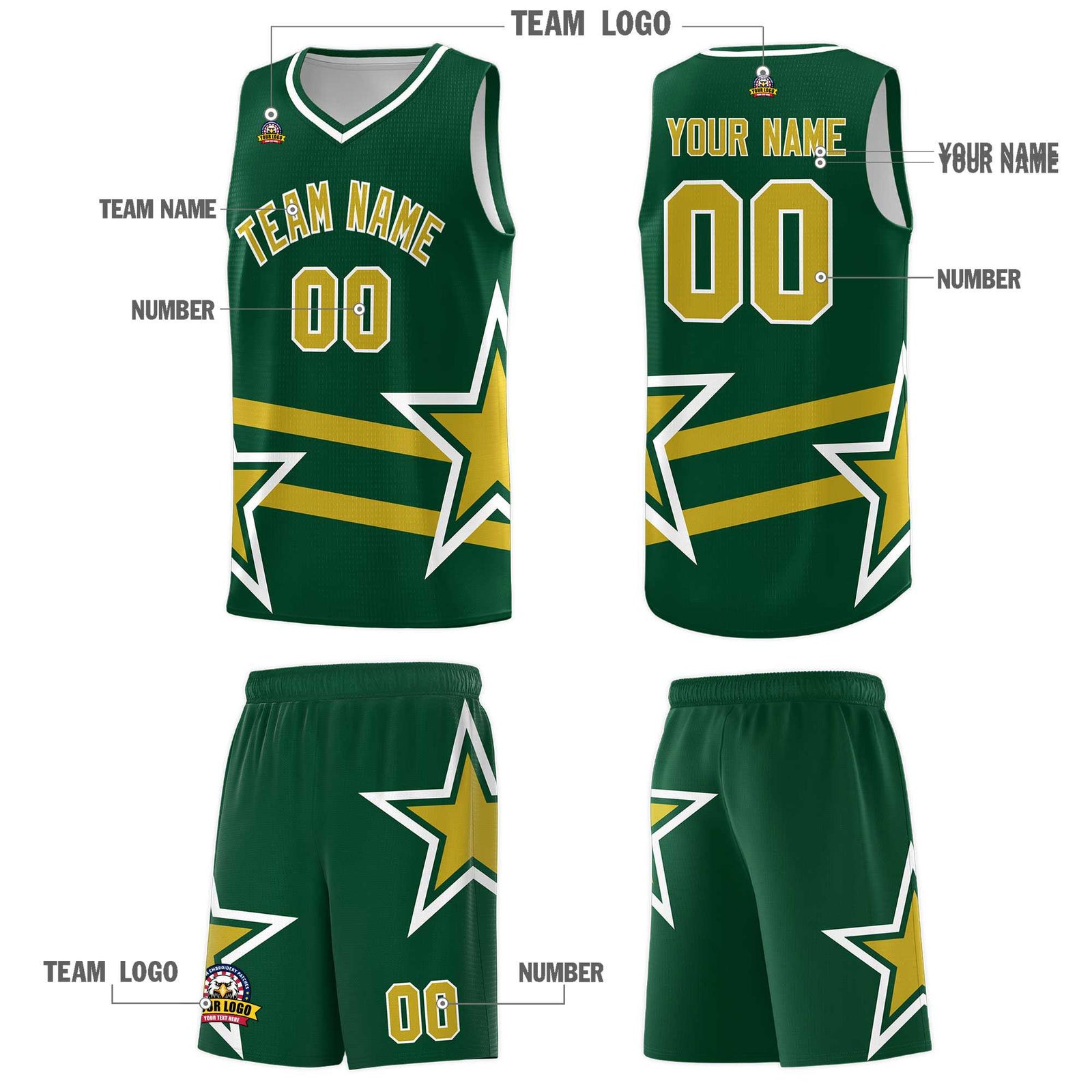 Custom Green Basketball Kits With Old Gold Star Pattern And Double Lines