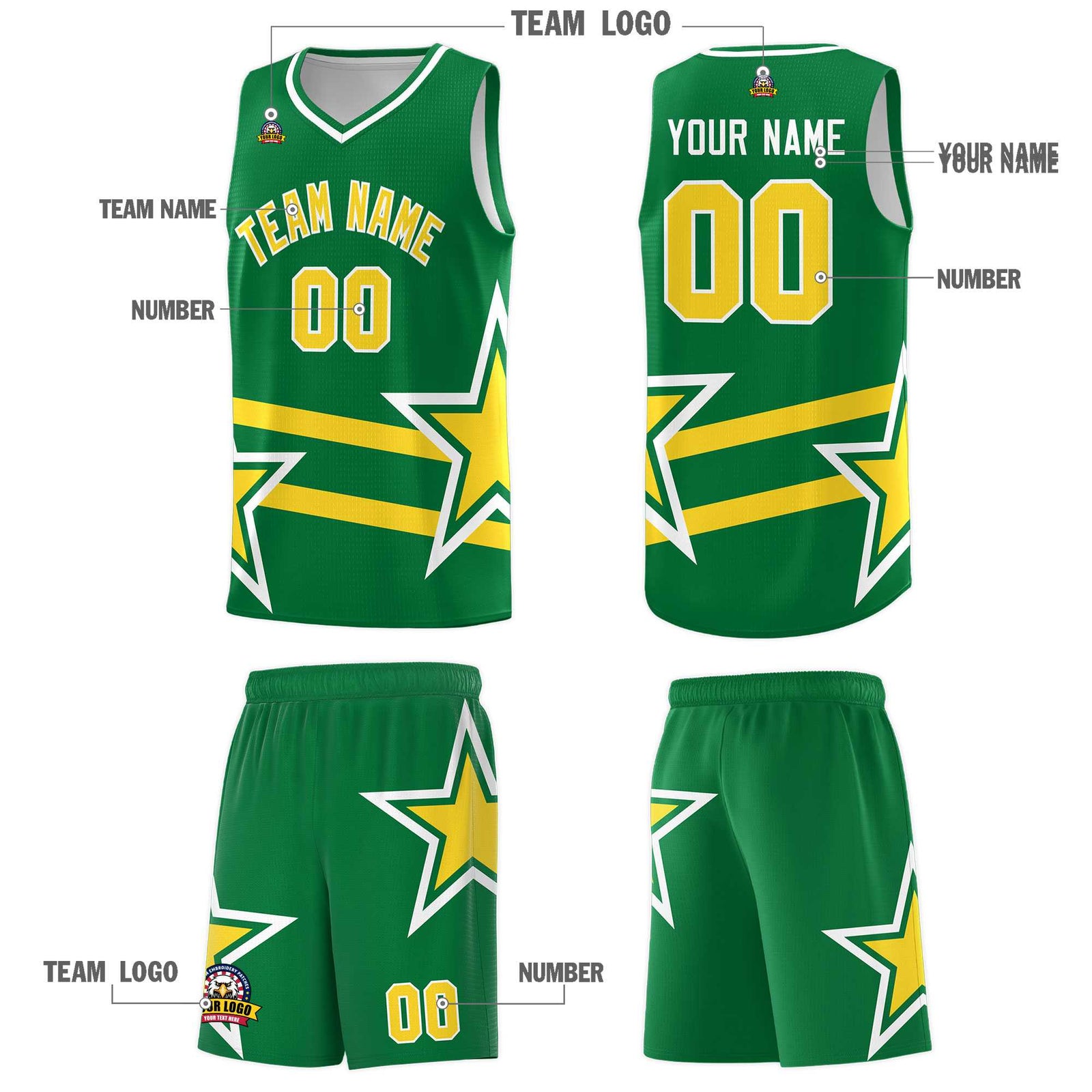 Custom Kelly Green Basketball Kits With Gold Star Pattern And Double Lines