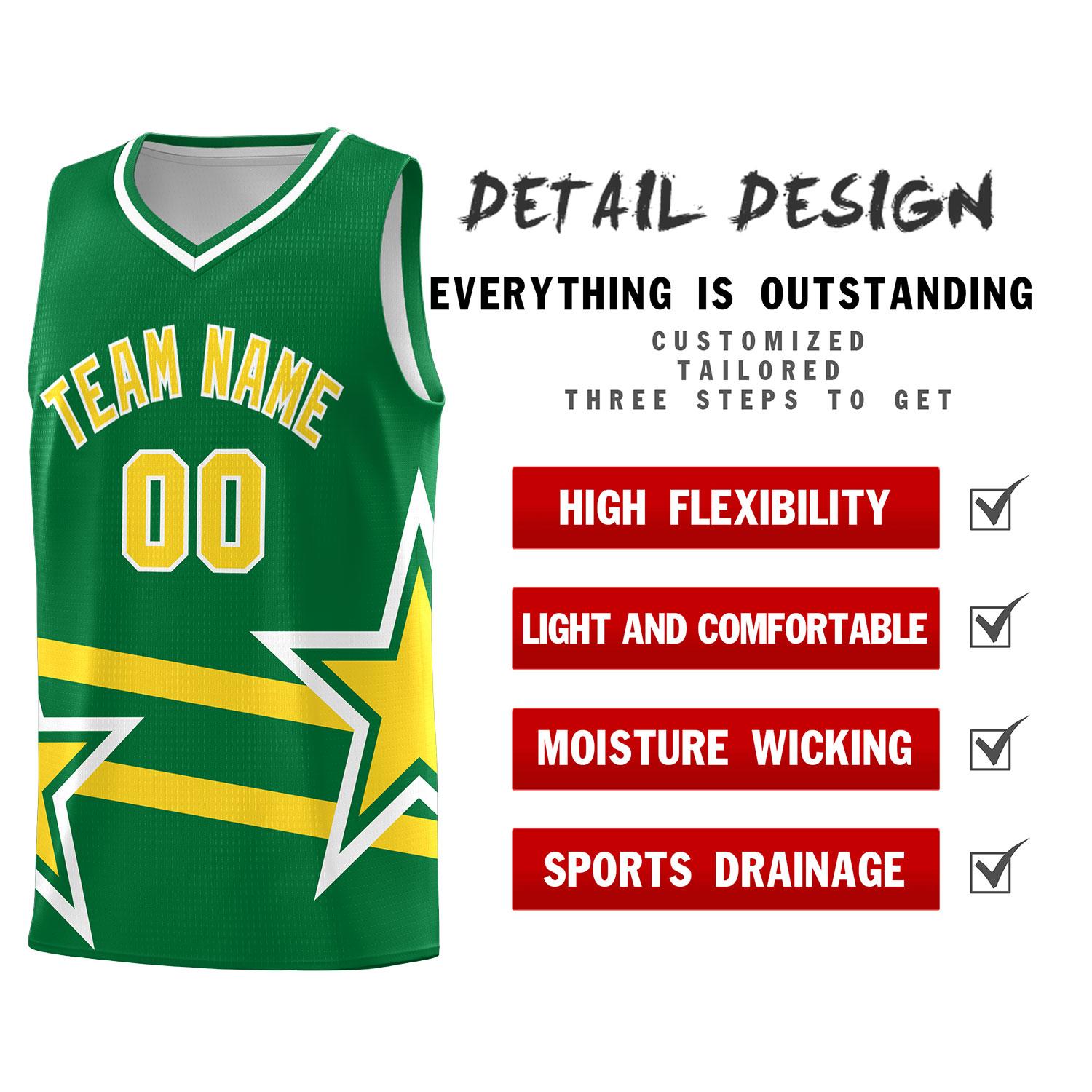 Custom Kelly Green Basketball Kits With Gold Star Pattern And Double Lines