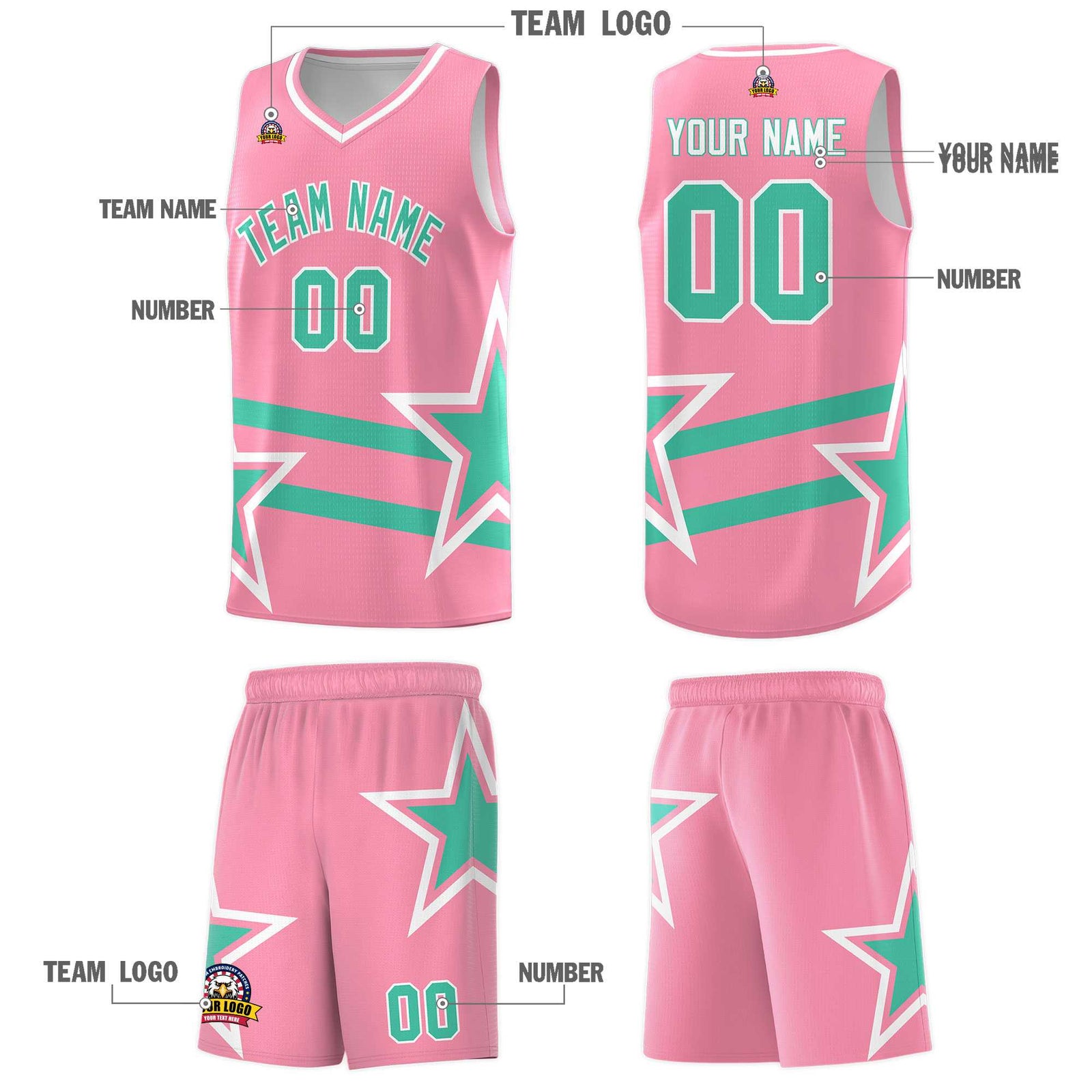 Custom Light Pink Basketball Kits With Bright Green Star Pattern And Double Lines