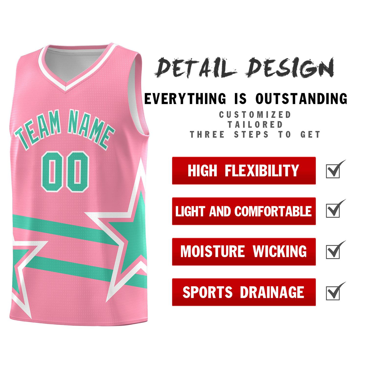 Custom Light Pink Basketball Kits With Bright Green Star Pattern And Double Lines