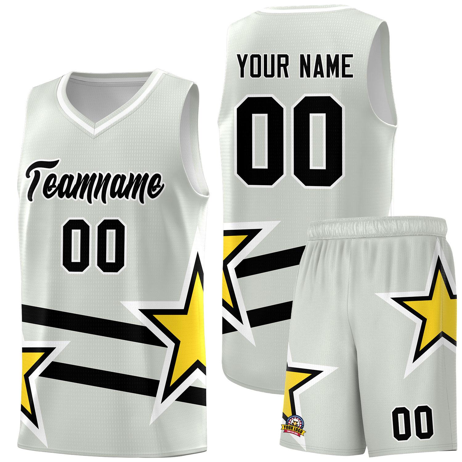 Custom Gray Basketball Kits With Gold Star Pattern And Double Lines