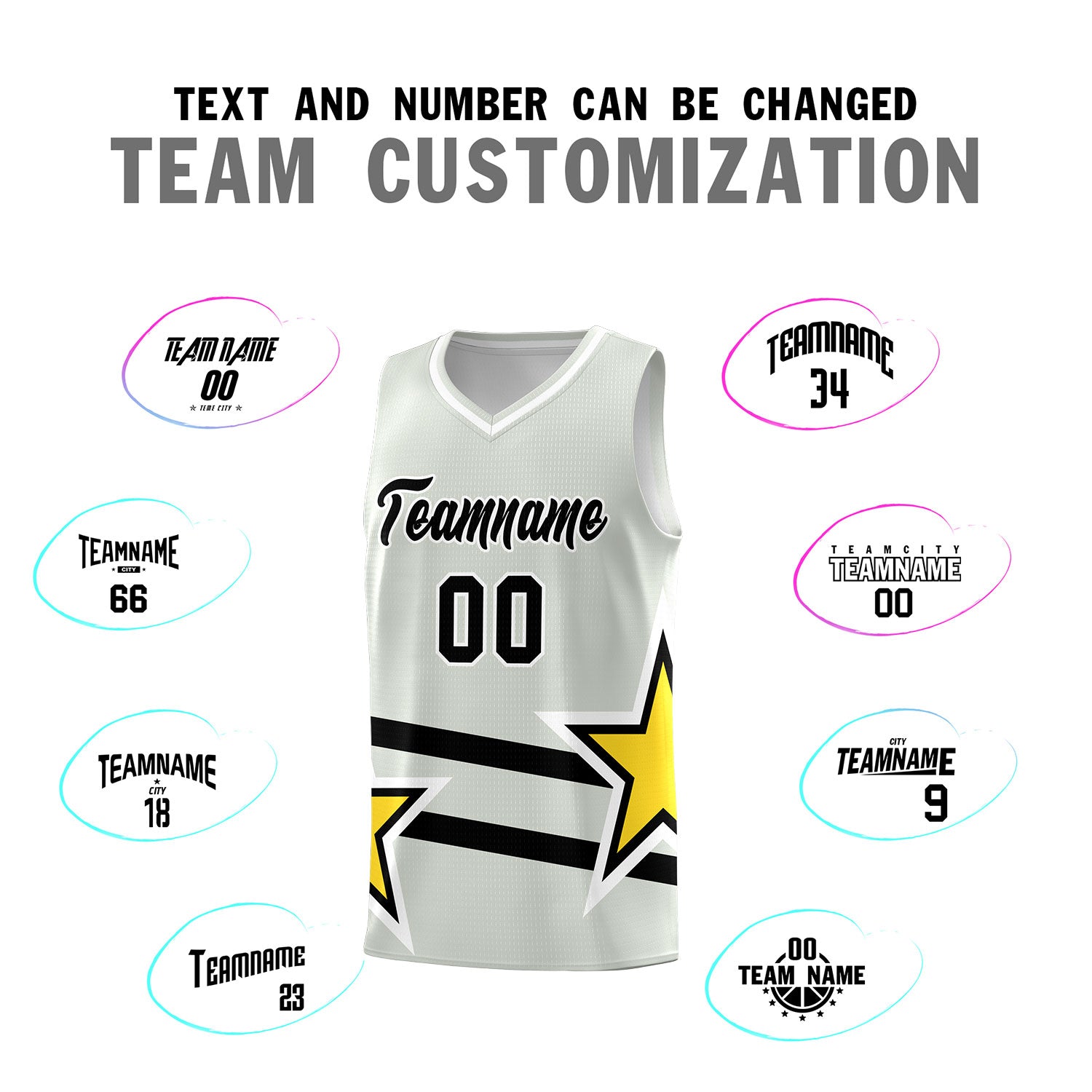 Custom Gray Basketball Kits With Gold Star Pattern And Double Lines