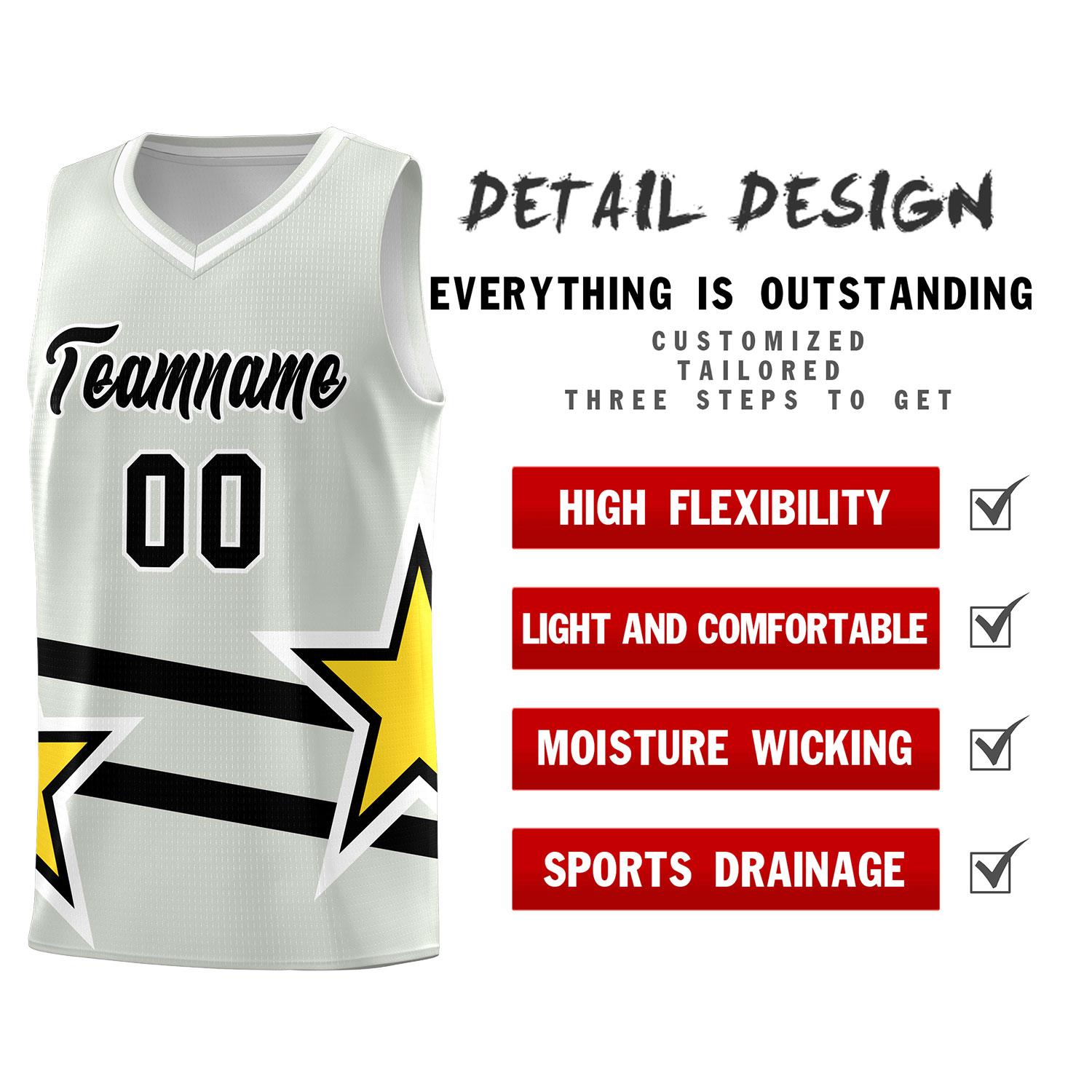 Custom Gray Basketball Kits With Gold Star Pattern And Double Lines