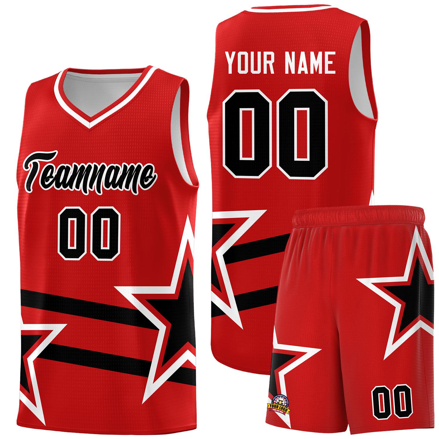 Custom Red Basketball Kits With Black Star Pattern And Double Lines