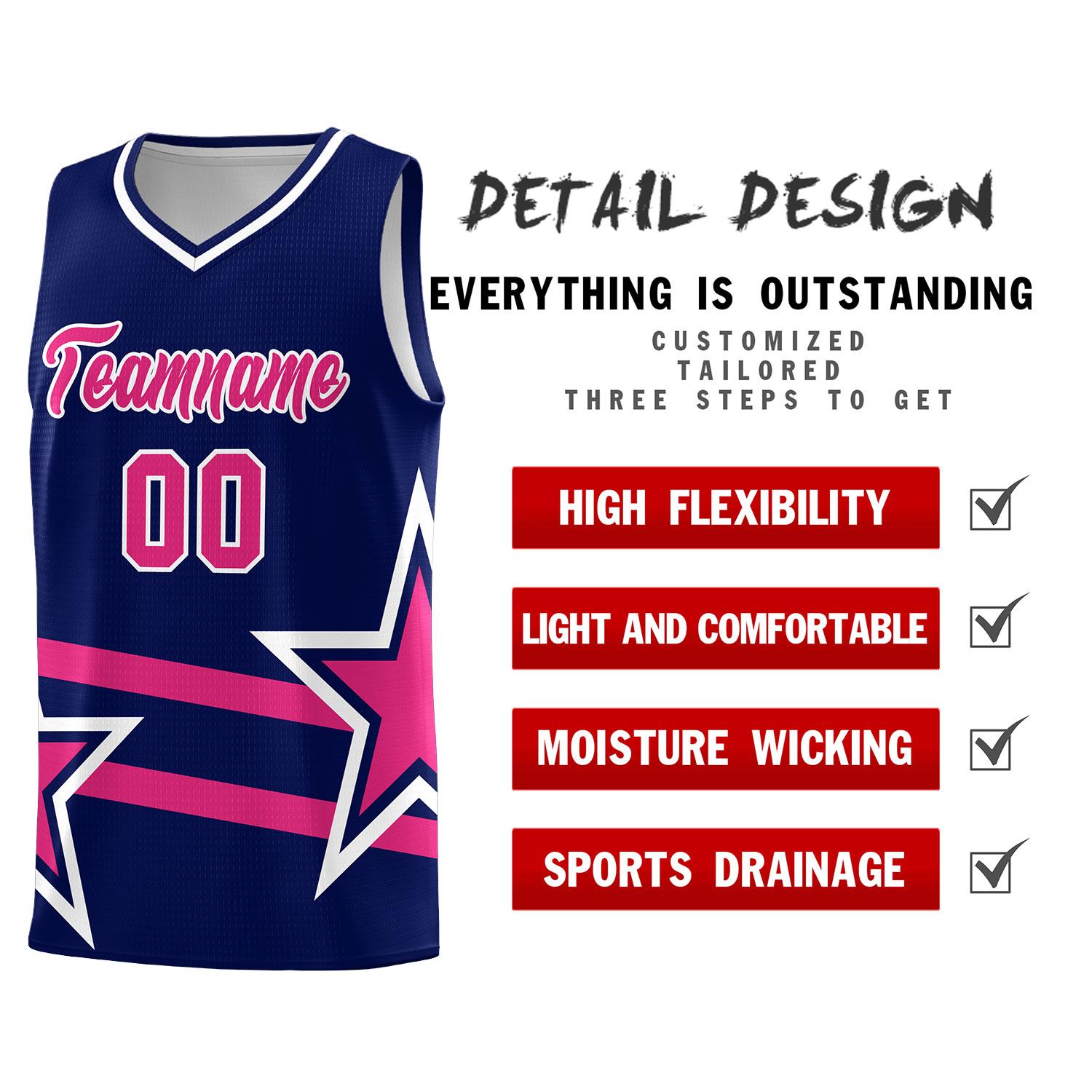 Custom Navy Basketball Kits With Rose Red Star Pattern And Double Lines