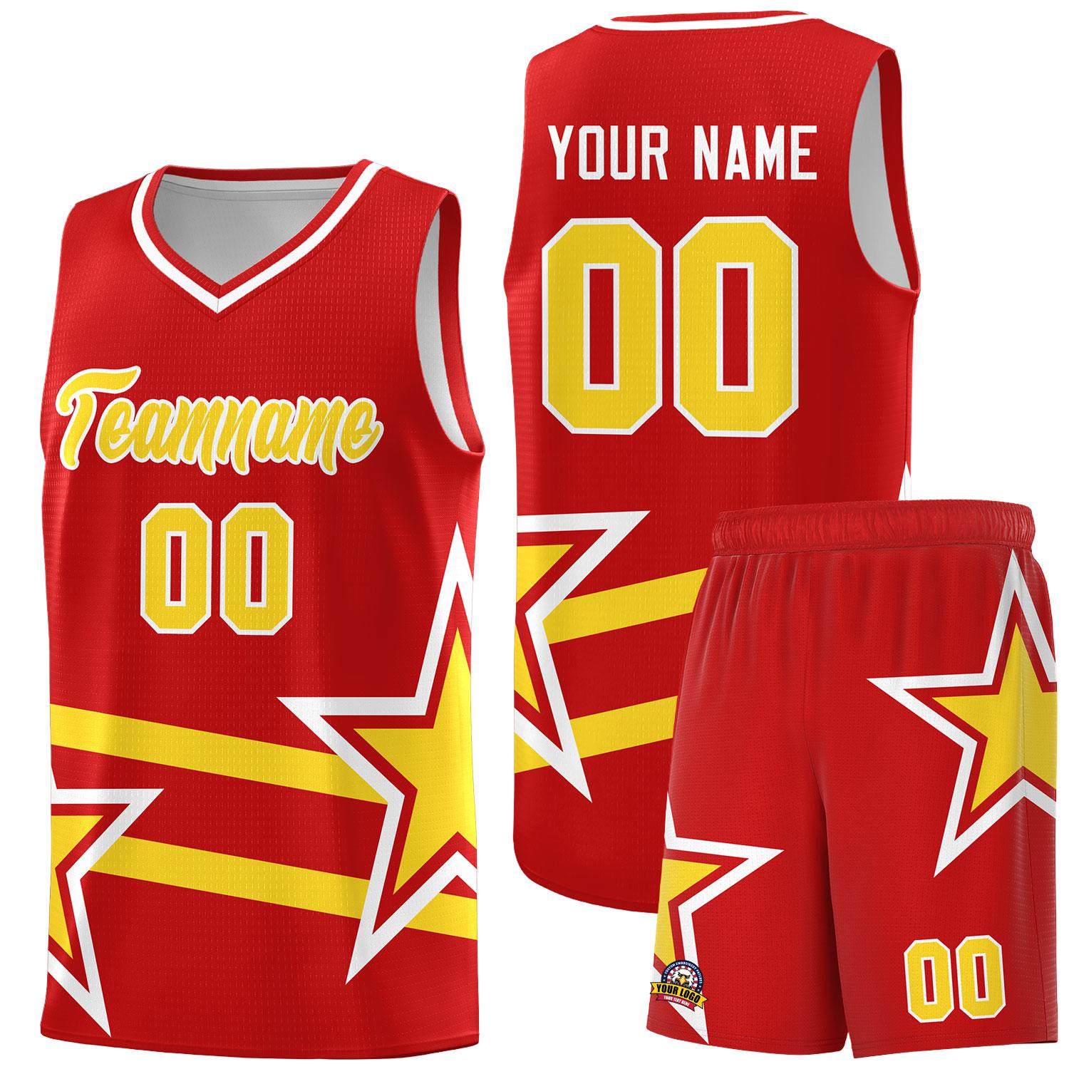 Custom Red Basketball Kits With Gold Star Pattern And Double Lines