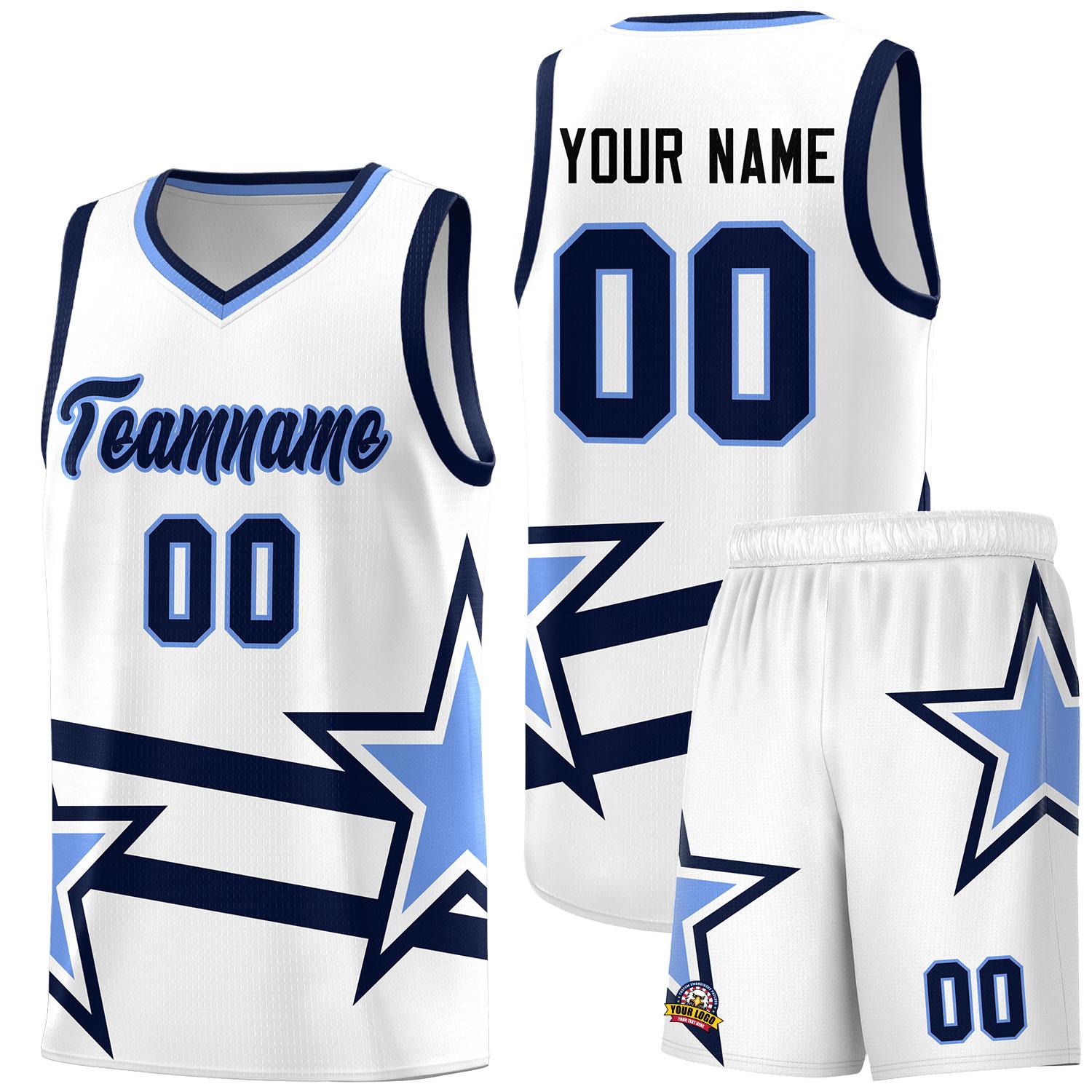 Custom White Basketball Kits With Light Blue Star Pattern And Double Lines
