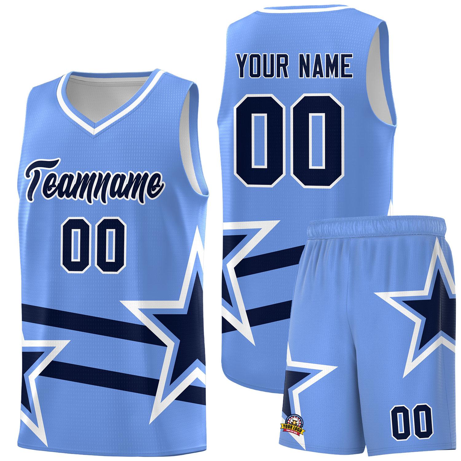 Custom Light Blue Basketball Kits With Navy Star Pattern And Double Lines
