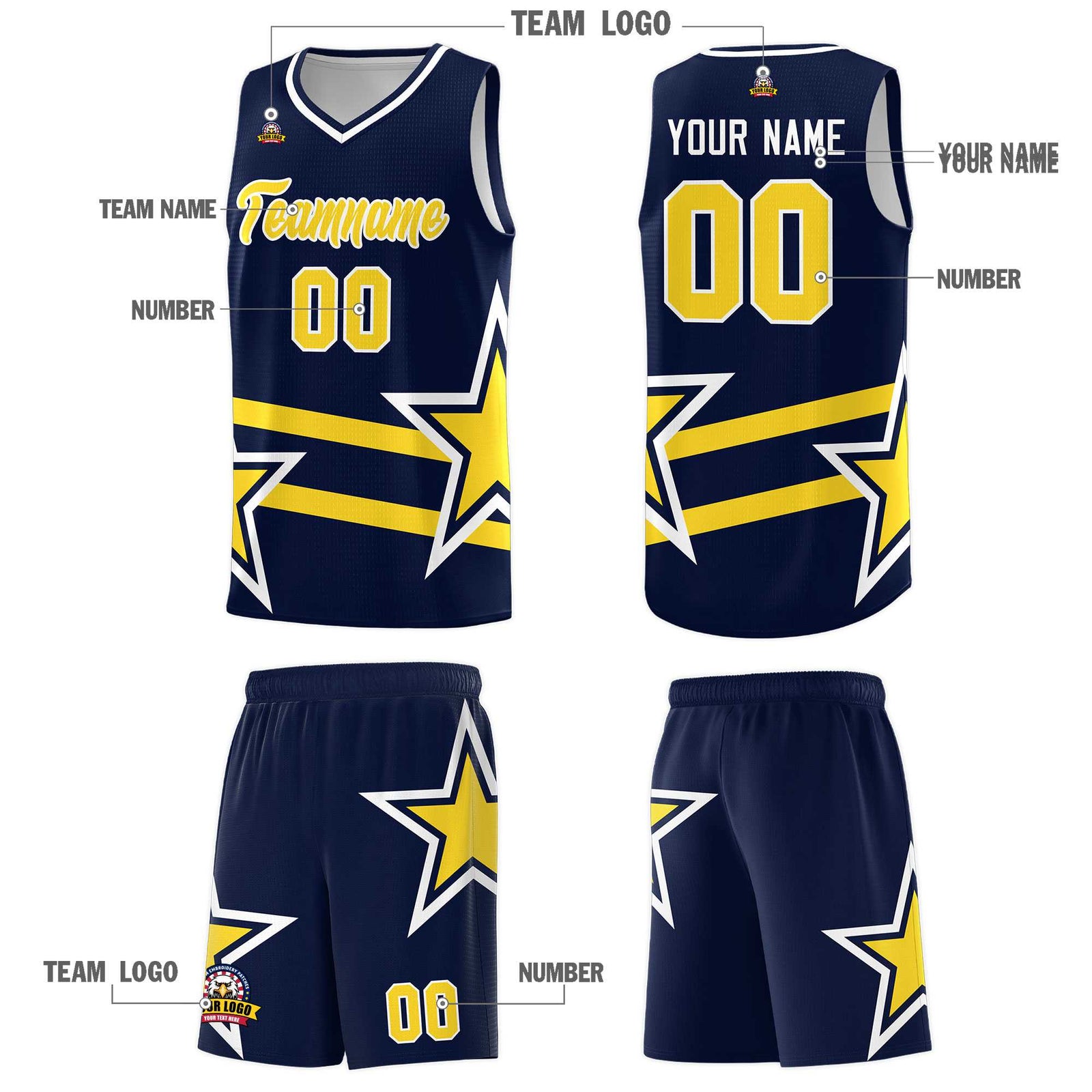 Custom Navy Basketball Kits With Gold Star Pattern And Double Lines