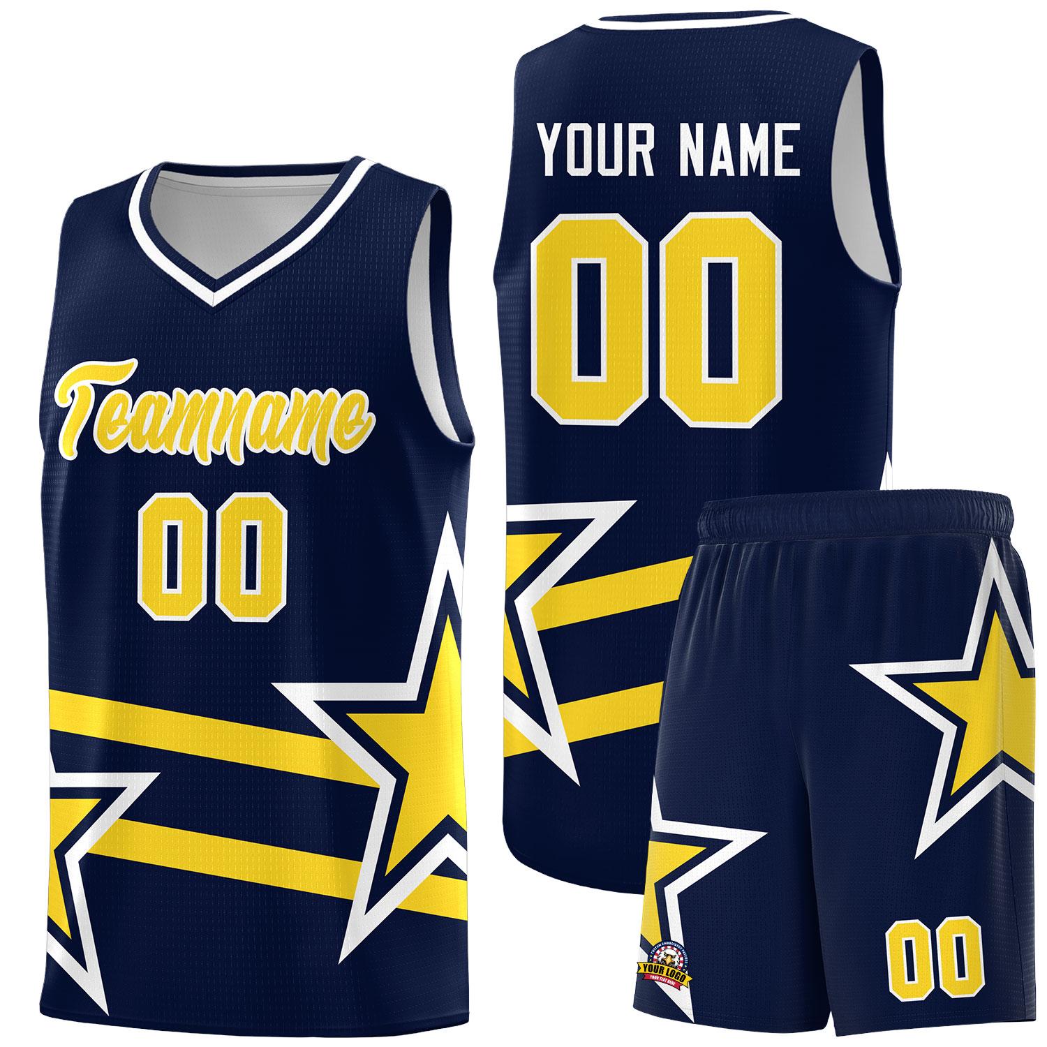 Custom Navy Basketball Kits With Gold Star Pattern And Double Lines